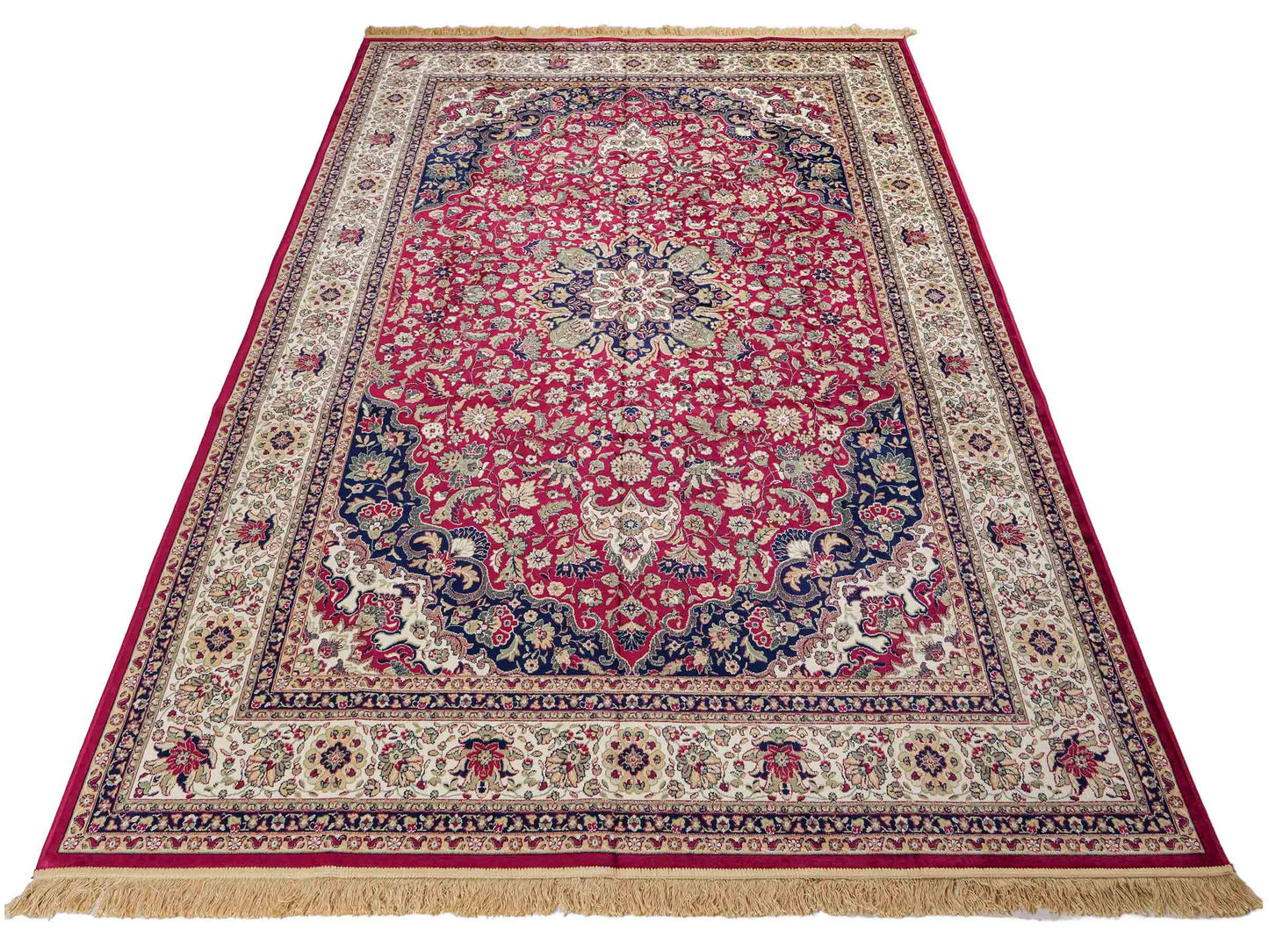 Belgischer, maschinell gefertigter Design Orientteppich aus Kunstseide, rot, creme, blau. 275x185 cm. Verkauf durch Jupiter Intl.
