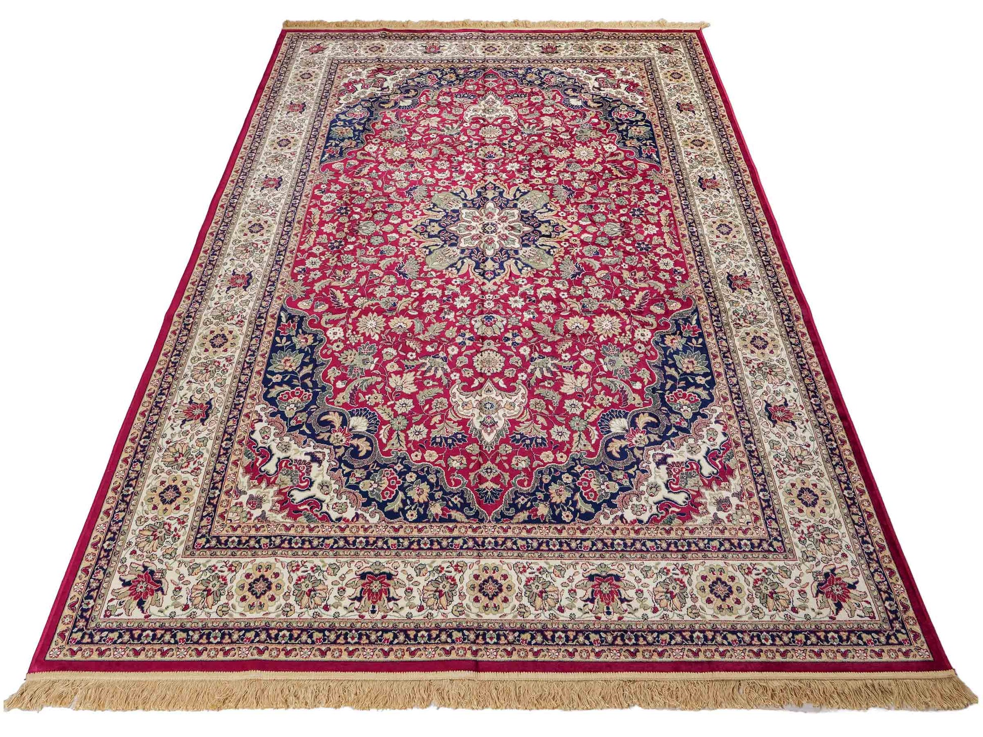 Belgischer, maschinell gefertigter Design Orientteppich aus Kunstseide, rot, creme, blau. 275x185 cm. Verkauf durch Jupiter Intl.