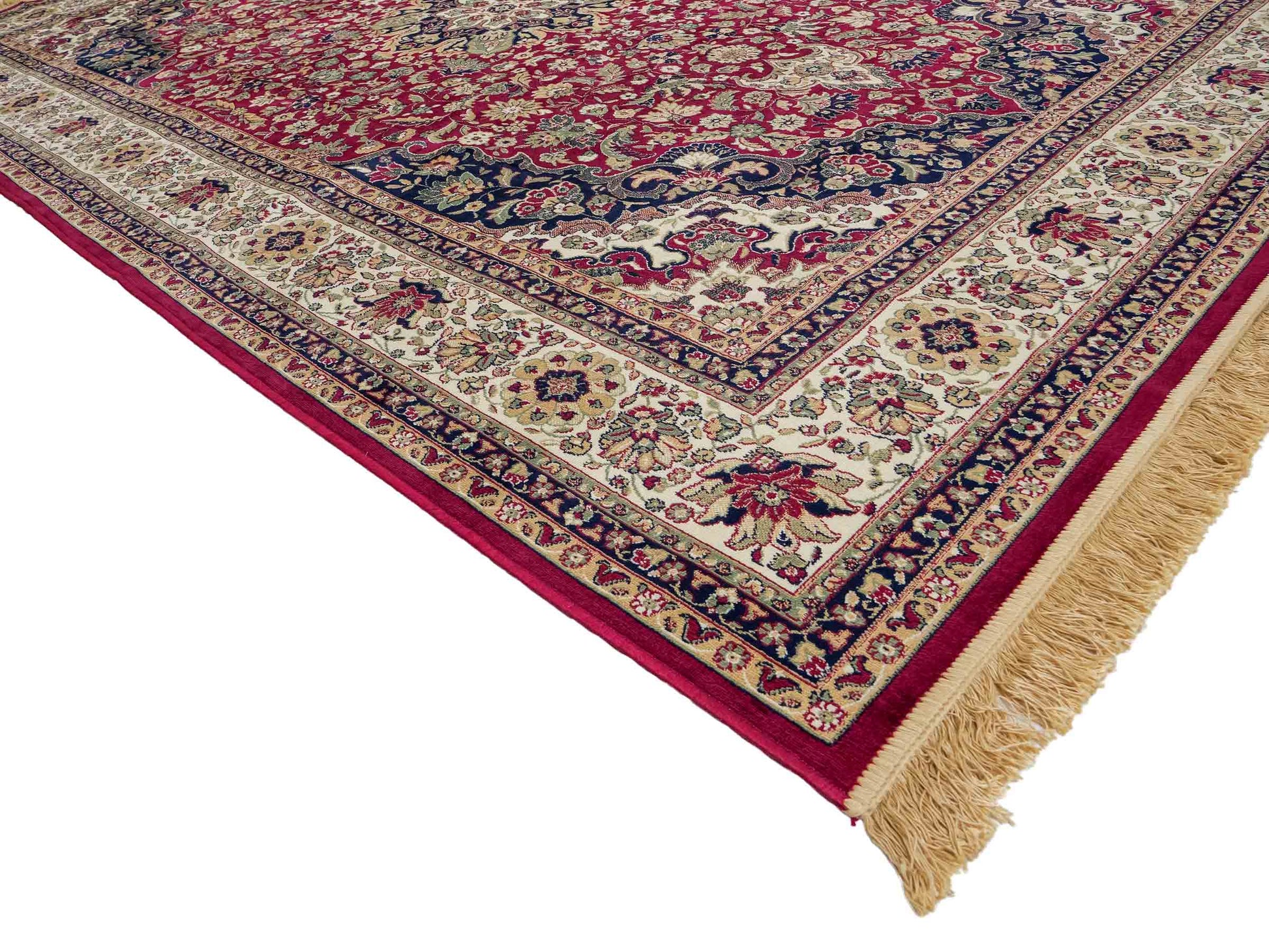 Belgischer, maschinell gefertigter Design Orientteppich aus Kunstseide, rot, creme, blau. 275x185 cm. Verkauf durch Jupiter Intl.