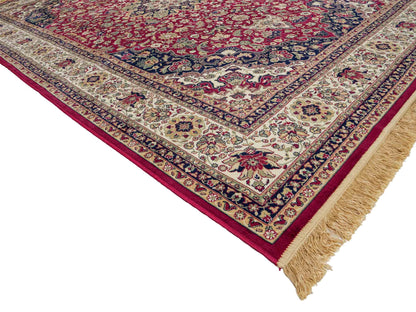 Belgischer, maschinell gefertigter Design Orientteppich aus Kunstseide, rot, creme, blau. 275x185 cm. Verkauf durch Jupiter Intl.