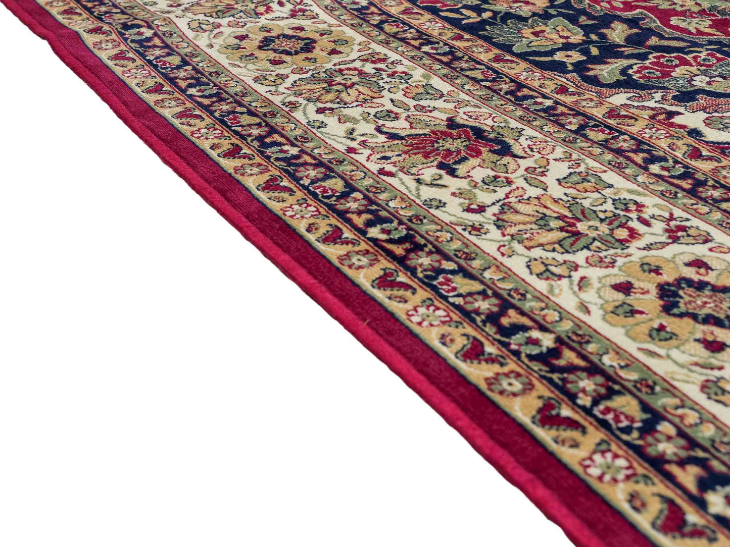 Belgischer, maschinell gefertigter Design Orientteppich aus Kunstseide, rot, creme, blau. 275x185 cm. Verkauf durch Jupiter Intl.