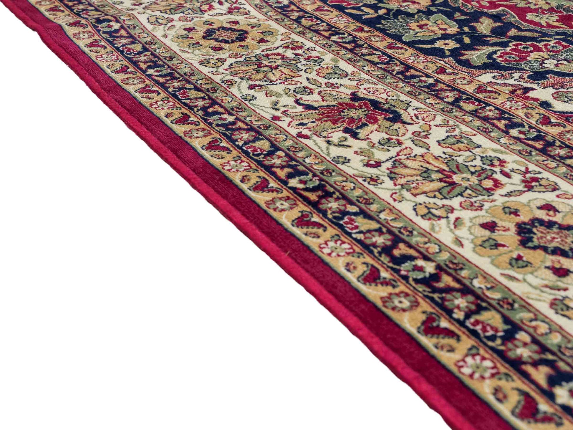 Belgischer, maschinell gefertigter Design Orientteppich aus Kunstseide, rot, creme, blau. 275x185 cm. Verkauf durch Jupiter Intl.