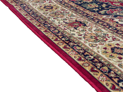 Belgischer, maschinell gefertigter Design Orientteppich aus Kunstseide, rot, creme, blau. 275x185 cm. Verkauf durch Jupiter Intl.