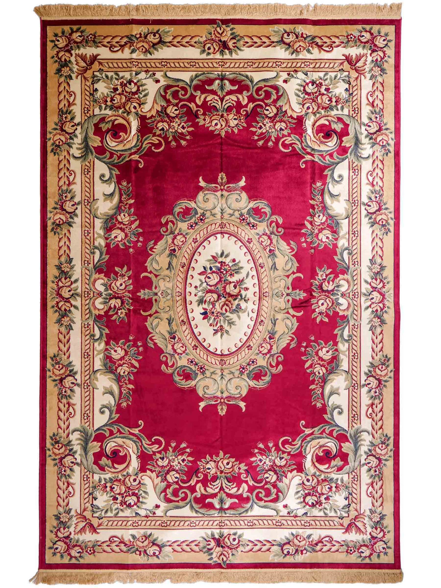Belgischer, maschinell gefertigter Design Orientteppich aus Kunstseide, rot. 275x185 cm. Verkauf durch Jupiter Intl.