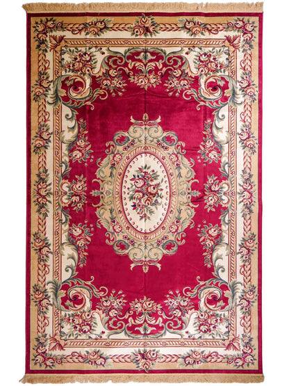 Belgischer, maschinell gefertigter Design Orientteppich aus Kunstseide, rot. 275x185 cm. Verkauf durch Jupiter Intl.