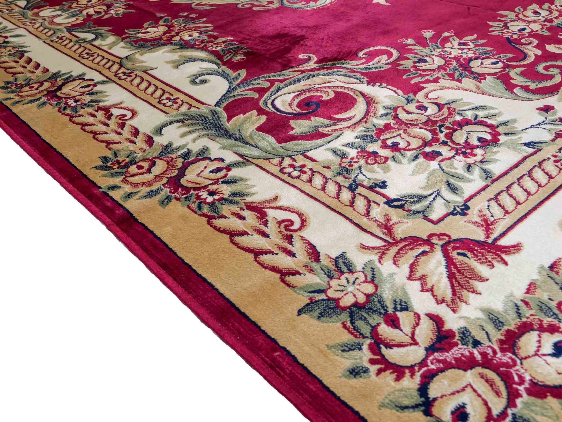 Belgischer, maschinell gefertigter Design Orientteppich aus Kunstseide, rot. 275x185 cm. Verkauf durch Jupiter Intl.