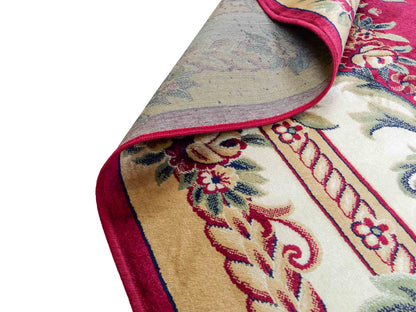 Belgischer, maschinell gefertigter Design Orientteppich aus Kunstseide, rot. 275x185 cm. Verkauf durch Jupiter Intl.