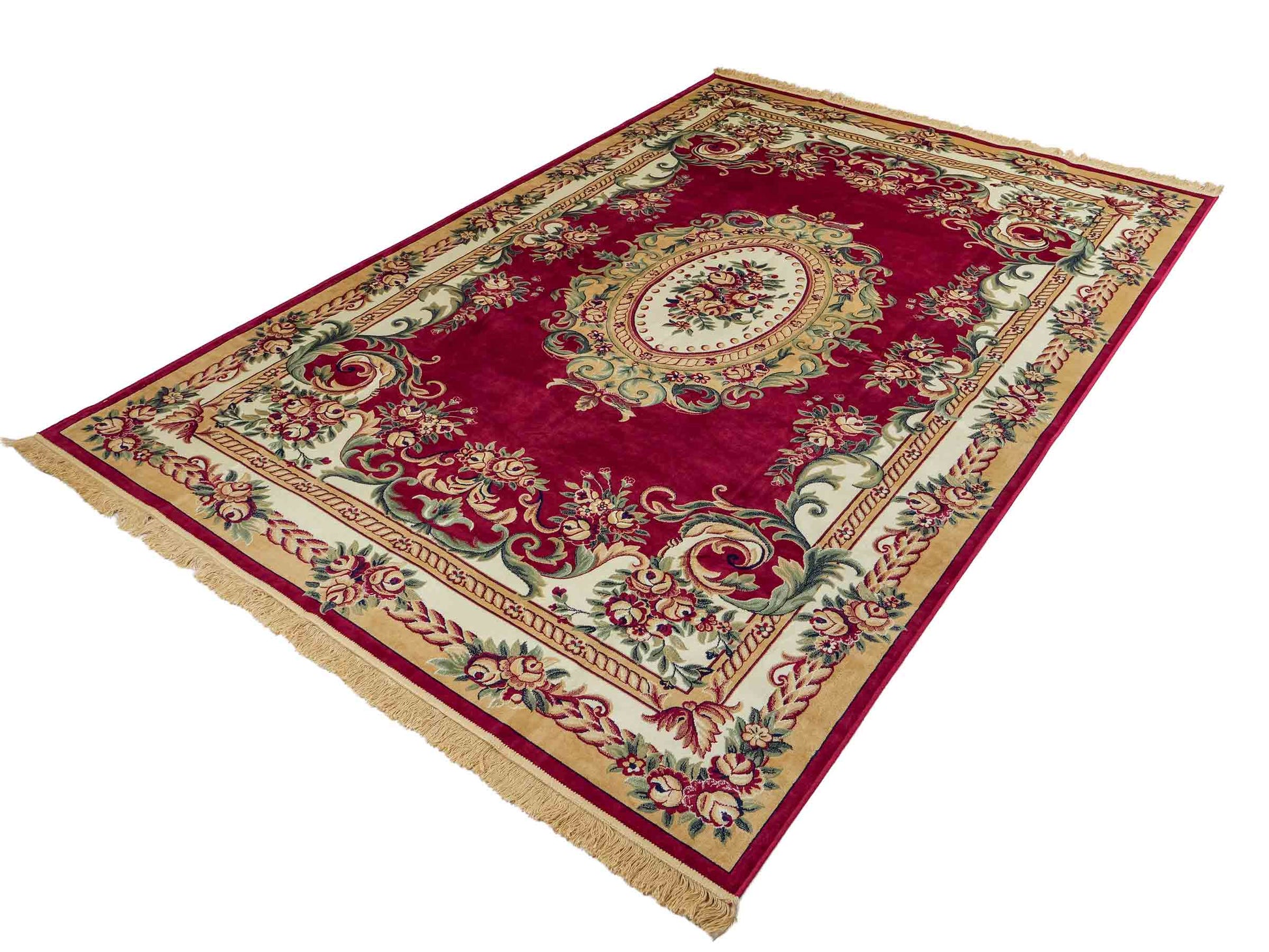 Belgischer, maschinell gefertigter Design Orientteppich aus Kunstseide, rot. 275x185 cm. Verkauf durch Jupiter Intl.