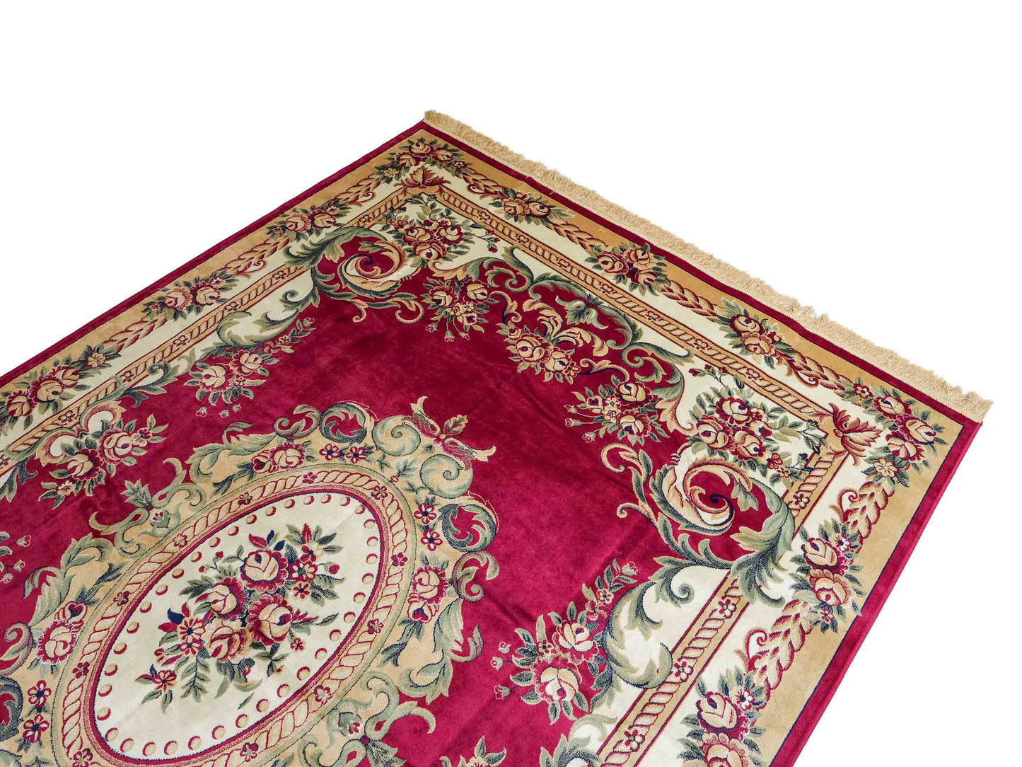 Belgischer, maschinell gefertigter Design Orientteppich aus Kunstseide, rot. 275x185 cm. Verkauf durch Jupiter Intl.