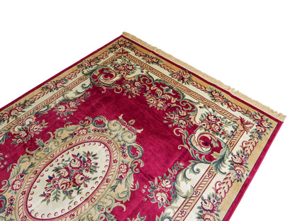 Belgischer, maschinell gefertigter Design Orientteppich aus Kunstseide, rot. 275x185 cm. Verkauf durch Jupiter Intl.