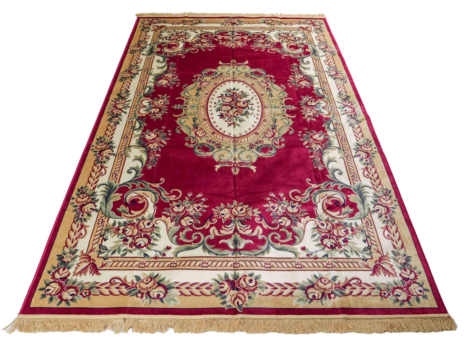 Belgischer, maschinell gefertigter Design Orientteppich aus Kunstseide, rot. 275x185 cm. Verkauf durch Jupiter Intl.