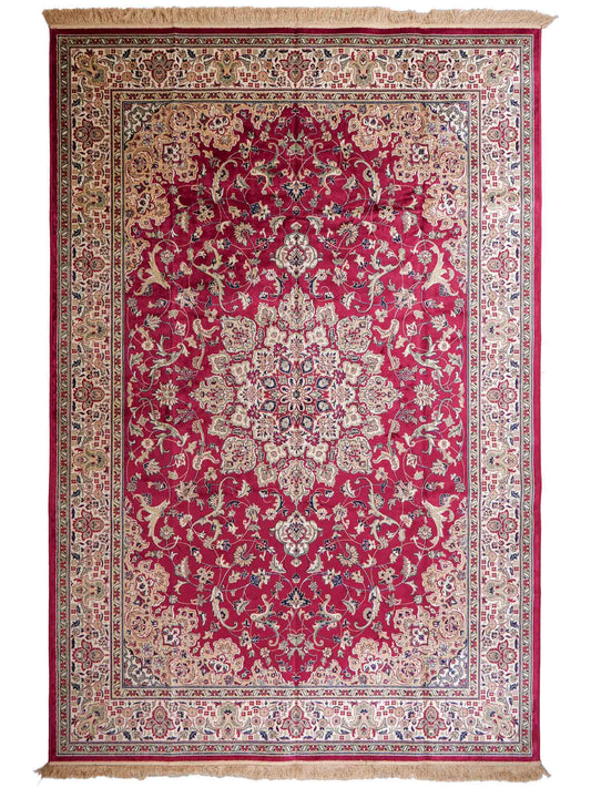 Belgischer, maschinell gefertigter Design Orientteppich aus Kunstseide, rot. 275x185 cm. Verkauf durch Jupiter Intl.