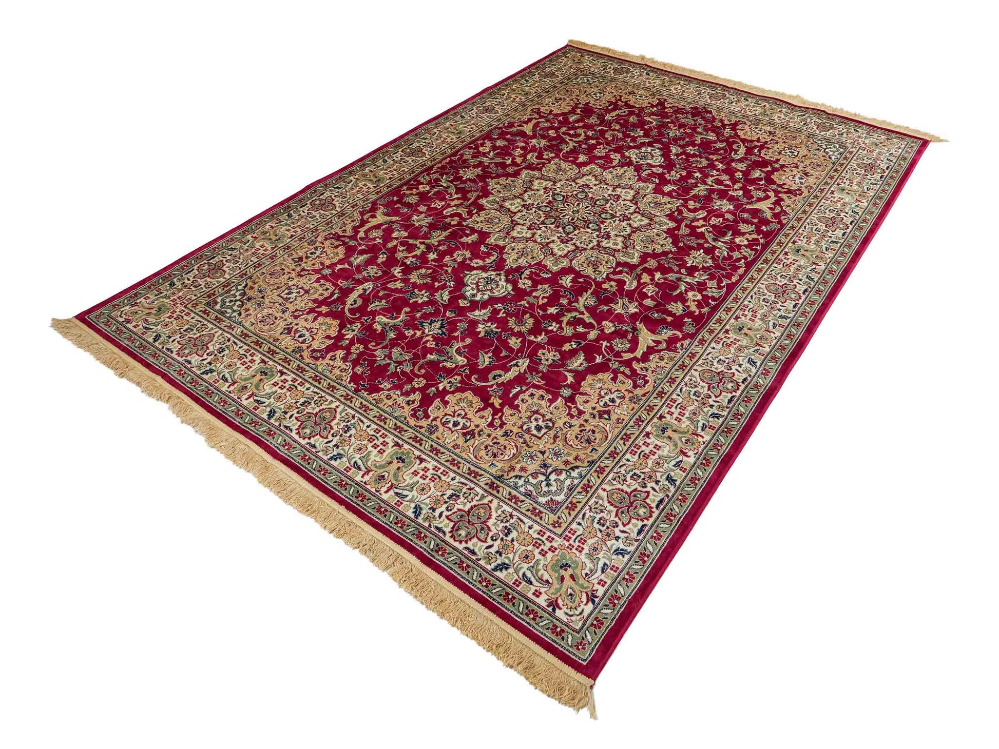 Belgischer, maschinell gefertigter Design Orientteppich aus Kunstseide, rot. 275x185 cm. Verkauf durch Jupiter Intl.