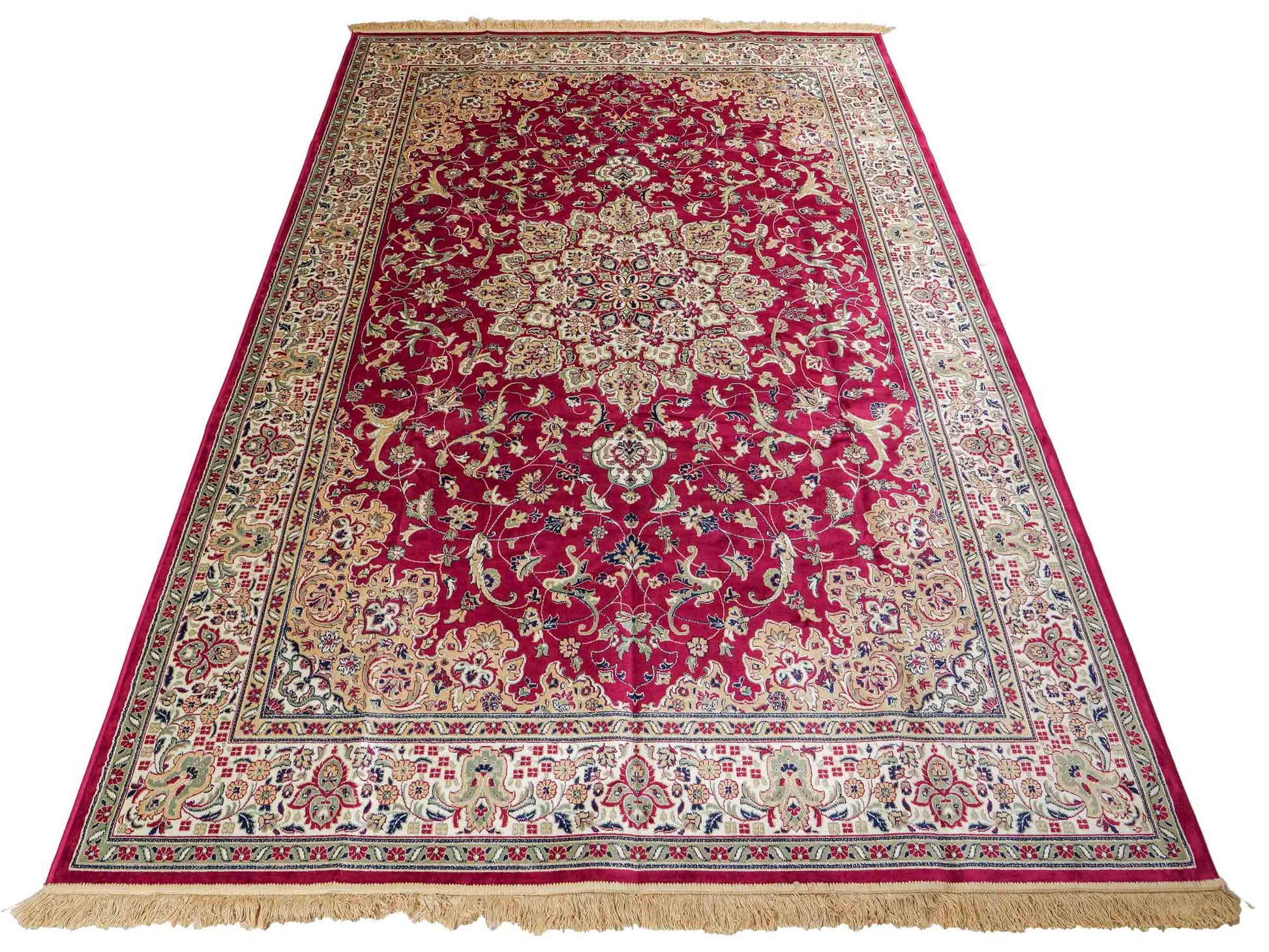 Belgischer, maschinell gefertigter Design Orientteppich aus Kunstseide, rot. 275x185 cm. Verkauf durch Jupiter Intl.