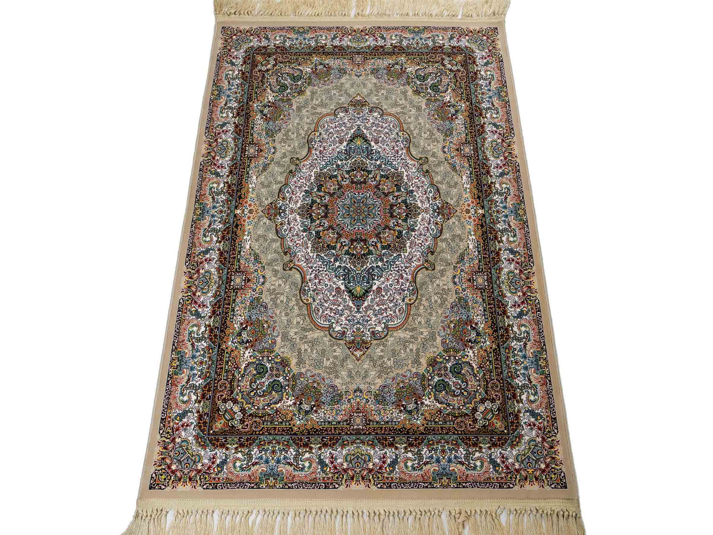 Extrem feiner, maschinell gefertigter Perserteppich, beige, grün, creme. 154x99 cm. Verkauf durch Jupiter Intl.