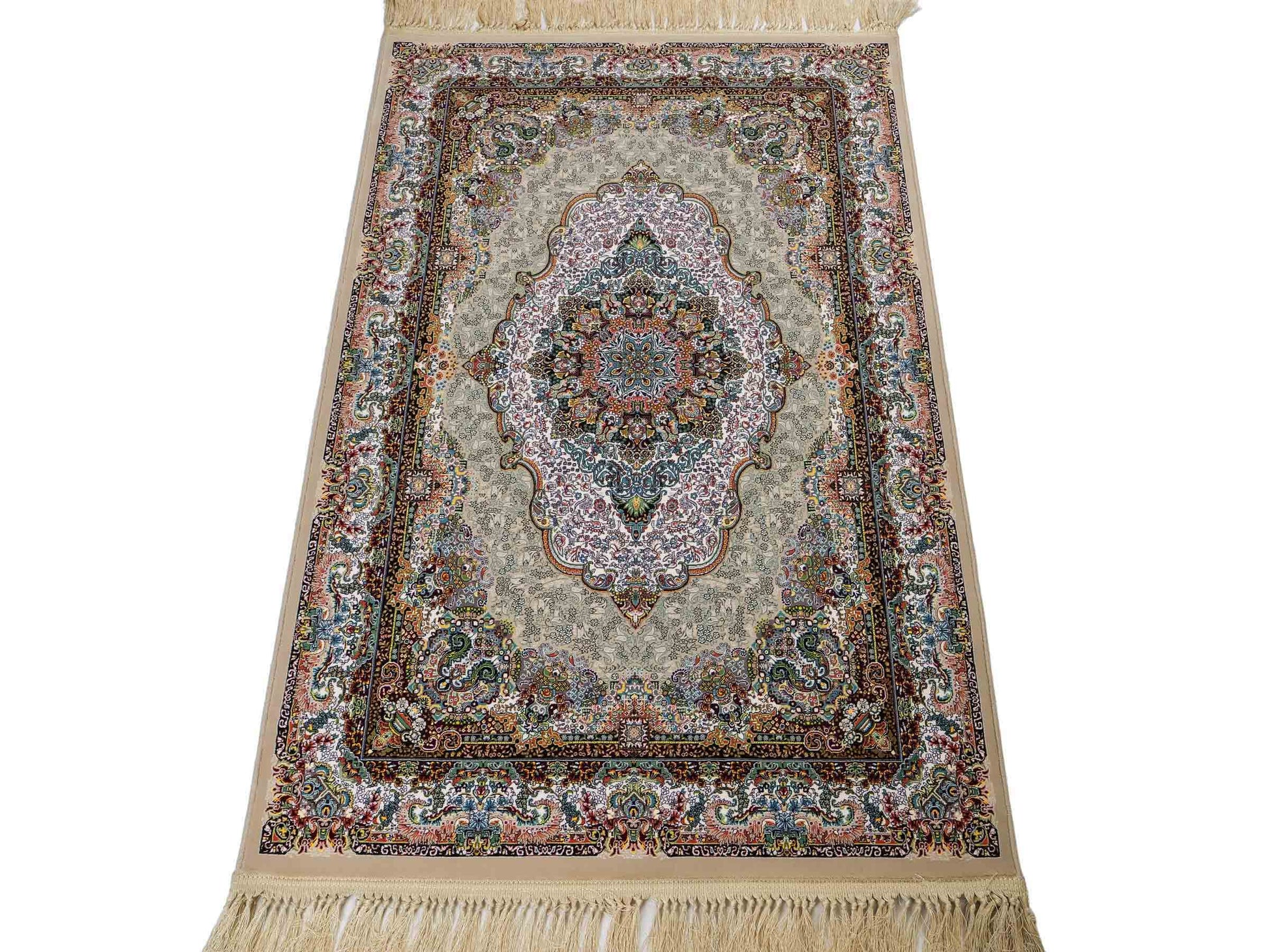 Extrem feiner, maschinell gefertigter Perserteppich, beige, grün, creme. 154x99 cm. Verkauf durch Jupiter Intl.
