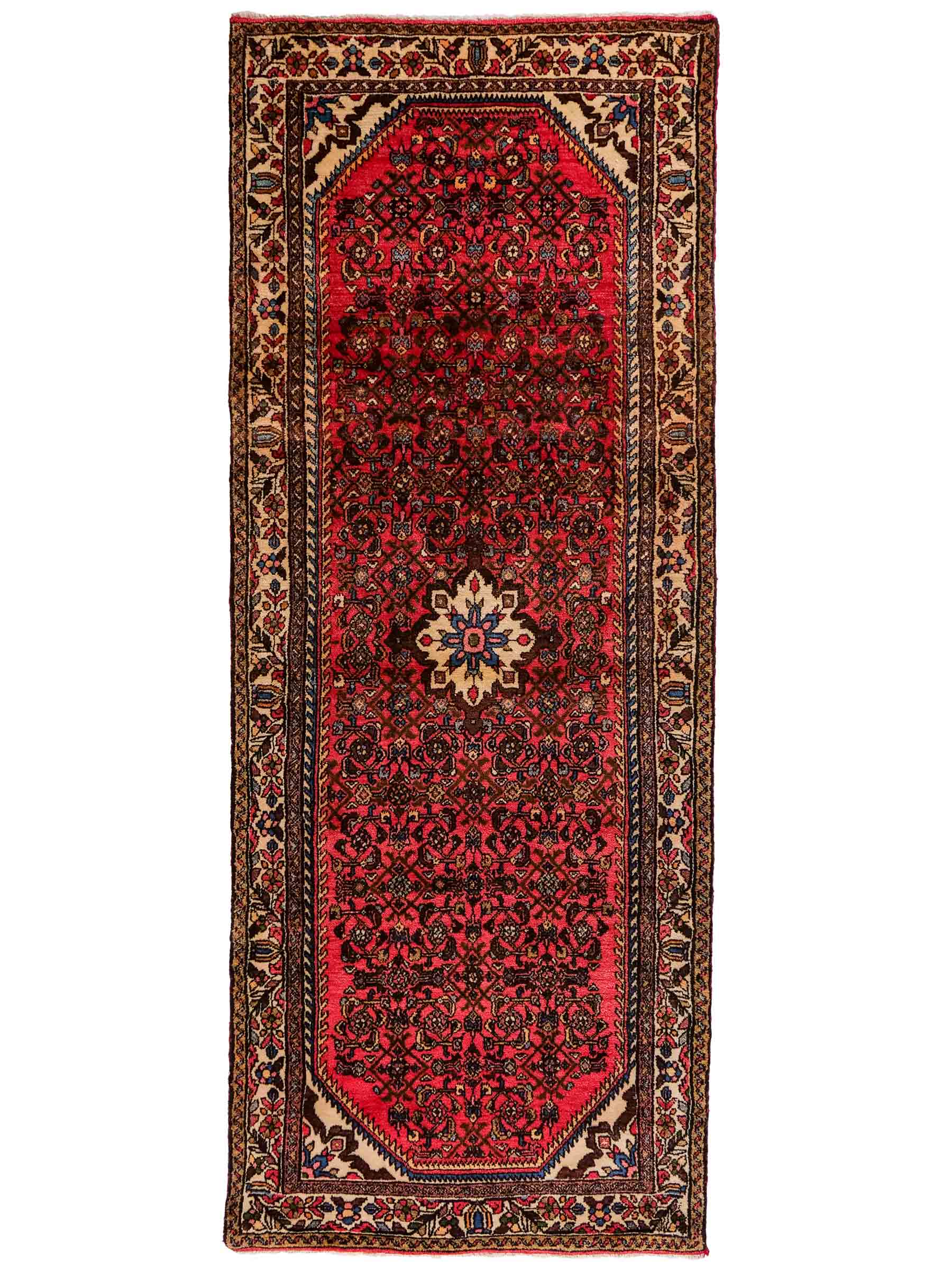 Feiner, handgeknüpfter persischer Hamedan Dorfteppich aus Wolle von Khademi, rot, creme. 275 x 115 cm. Vertrieb durch JUPITER Intl.