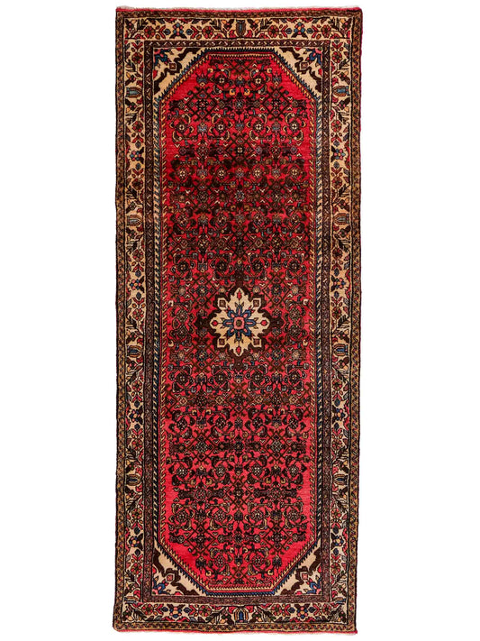 Feiner, handgeknüpfter persischer Hamedan Dorfteppich aus Wolle von Khademi, rot, creme. 275 x 115 cm. Vertrieb durch JUPITER Intl.