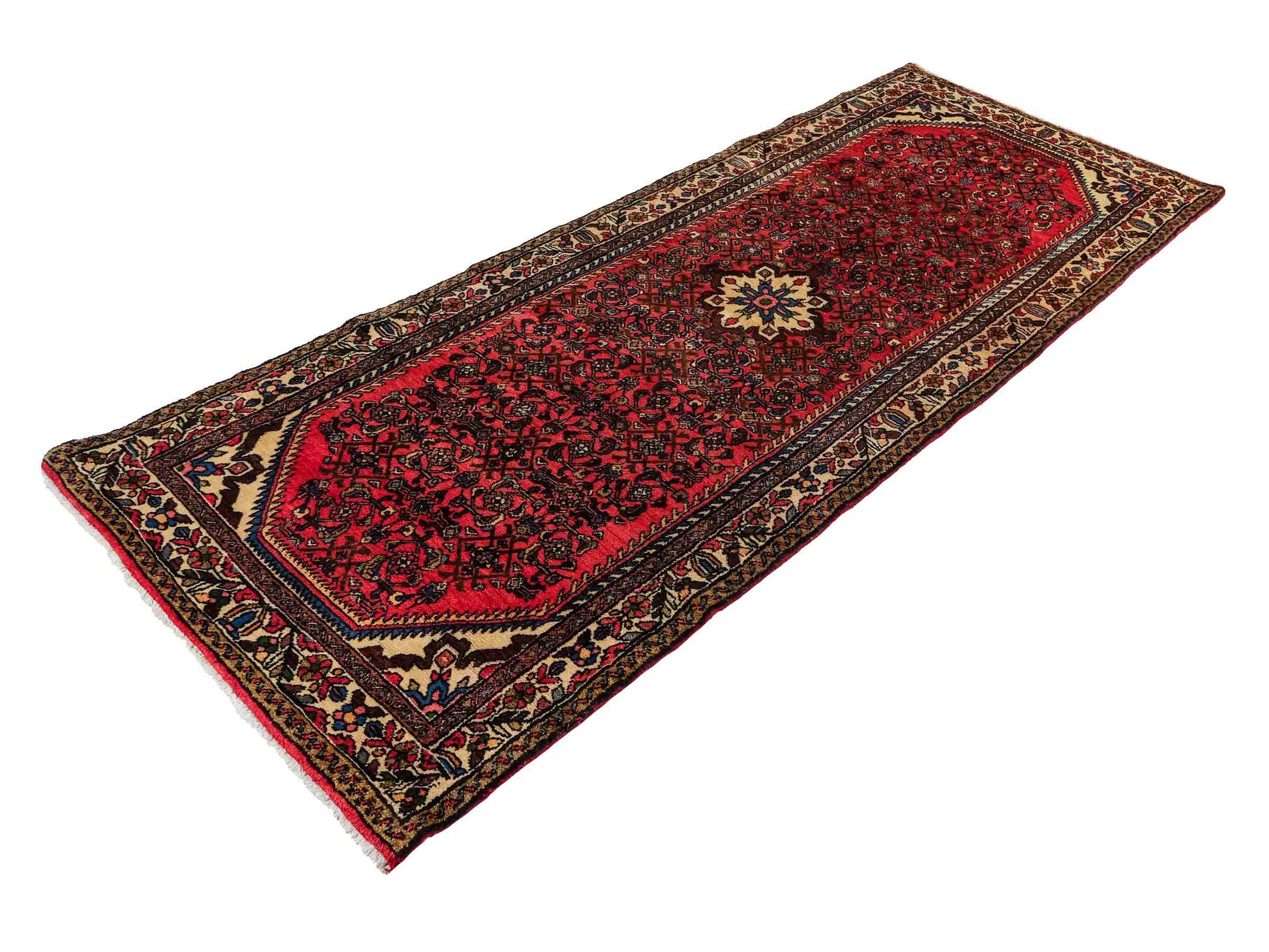 Feiner, handgeknüpfter persischer Hamedan Dorfteppich aus Wolle von Khademi, rot, creme. 275 x 115 cm. Vertrieb durch JUPITER Intl.