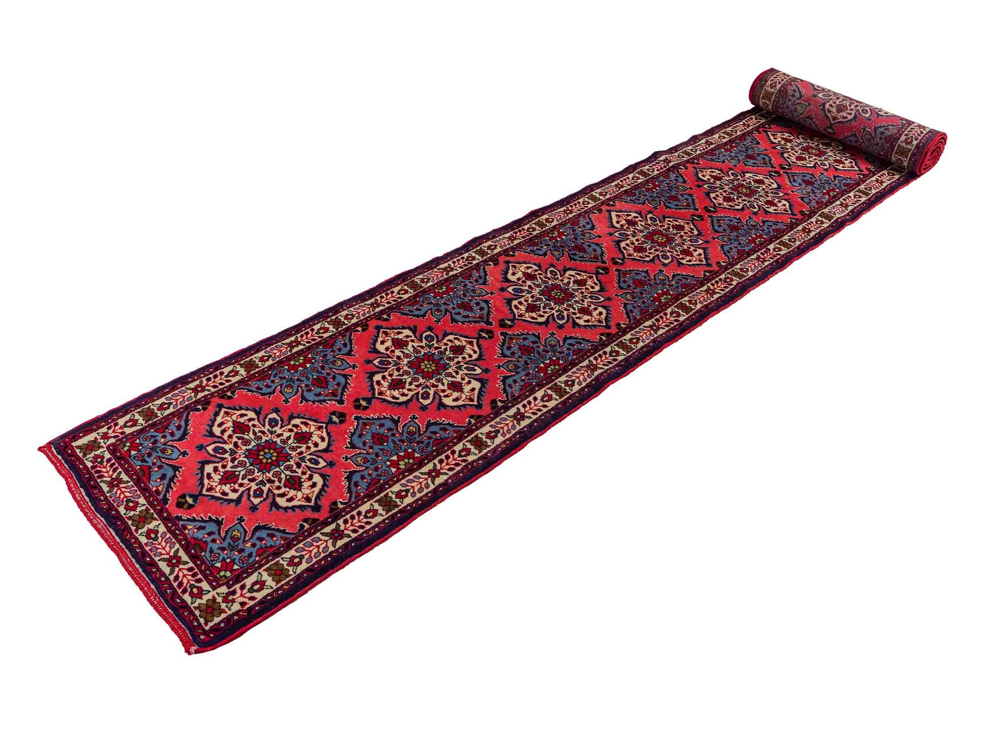 Feiner, handgeknüpfter persischer Hamedan Dorfteppich aus Wolle von Khademi, rot, blau. 603 x 73 cm. Vertrieb durch JUPITER Intl.