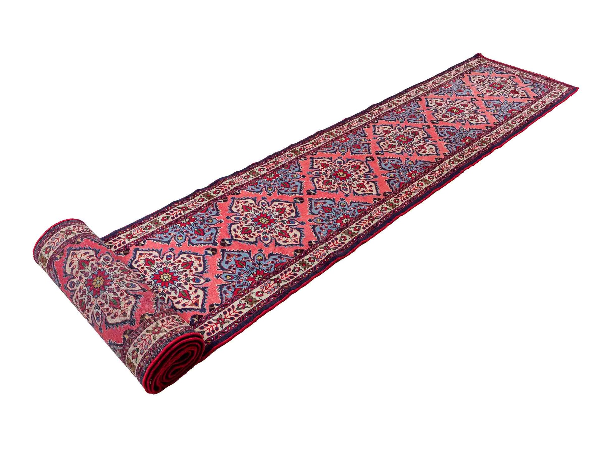 Feiner, handgeknüpfter persischer Hamedan Dorfteppich aus Wolle von Khademi, rot, blau. 603 x 73 cm. Vertrieb durch JUPITER Intl.