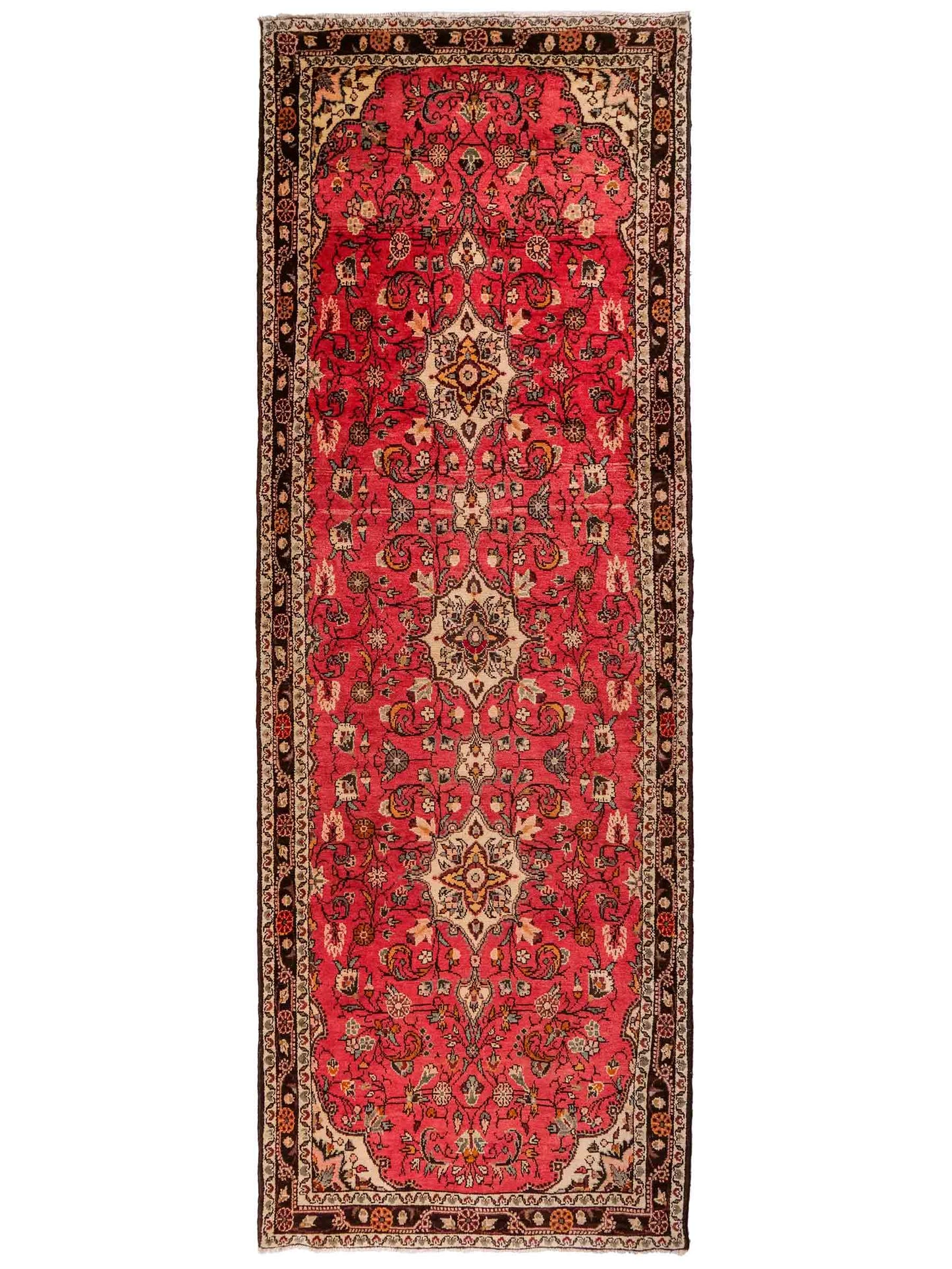 Feiner, handgeknüpfter, persischer Hamedan Dorfteppich aus Wolle von Khademi. Farbe: Rot. 327 x 111 cm. Vertrieb durch JUPITER Intl.