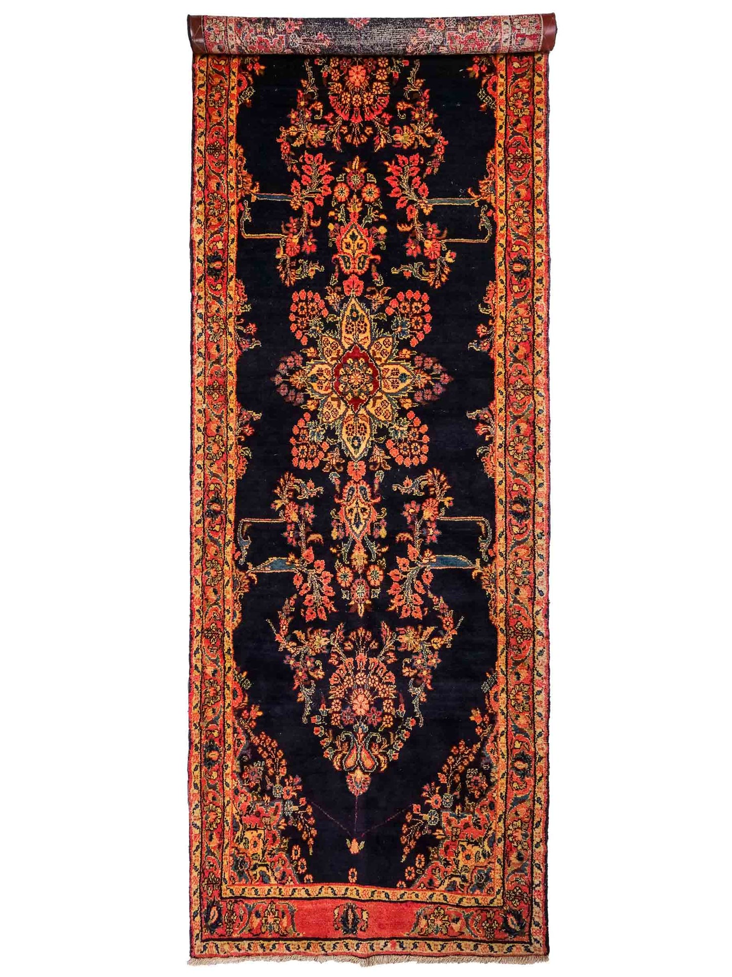 Feiner, handgeknüpfter, persischer Hamedan Dorfteppich aus Wolle von Khademi. Farbe: Blau. 369 x 108 cm. Vertrieb durch JUPITER Intl.