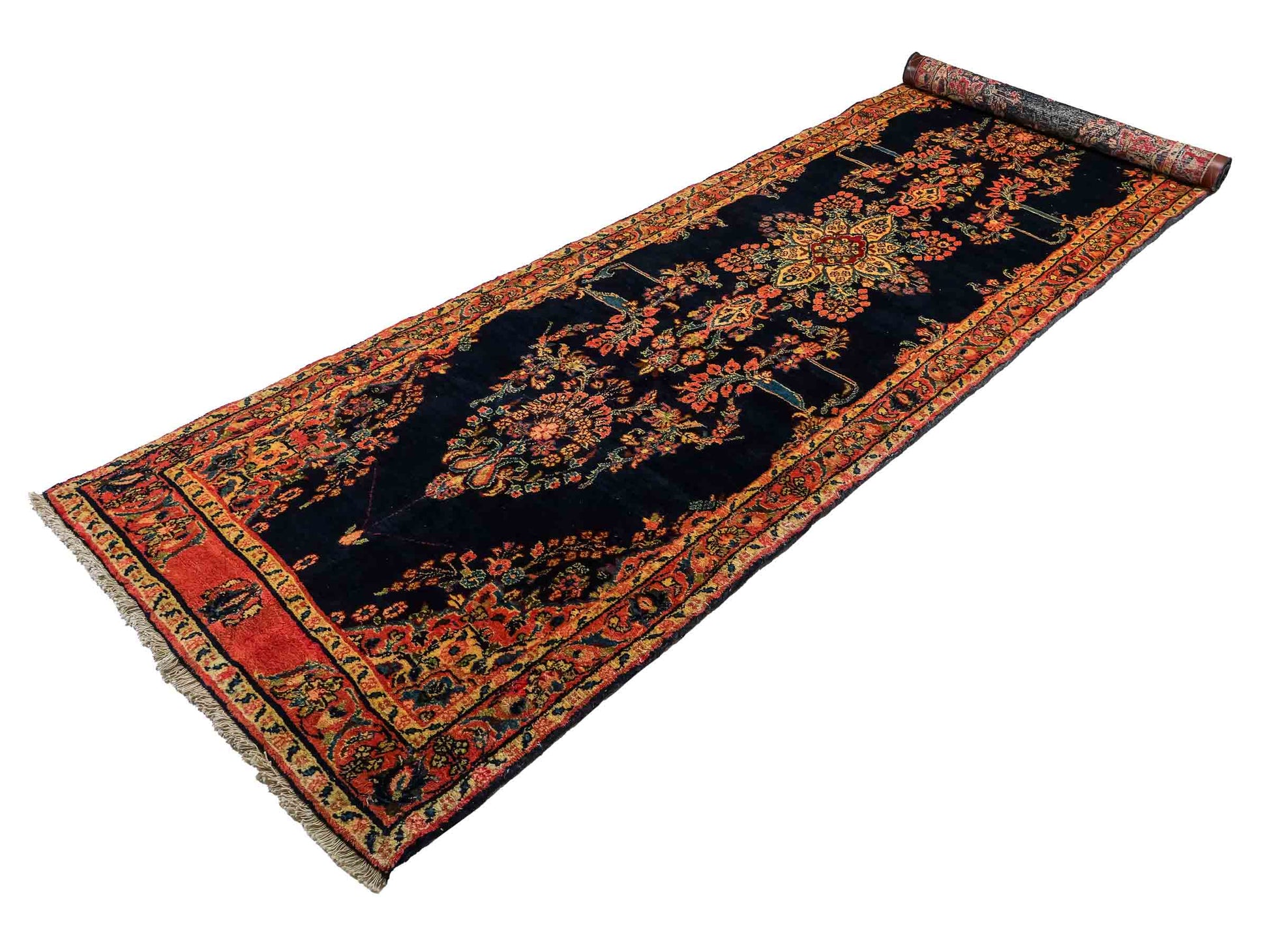 Feiner, handgeknüpfter, persischer Hamedan Dorfteppich aus Wolle von Khademi. Farbe: Blau. 369 x 108 cm. Vertrieb durch JUPITER Intl.