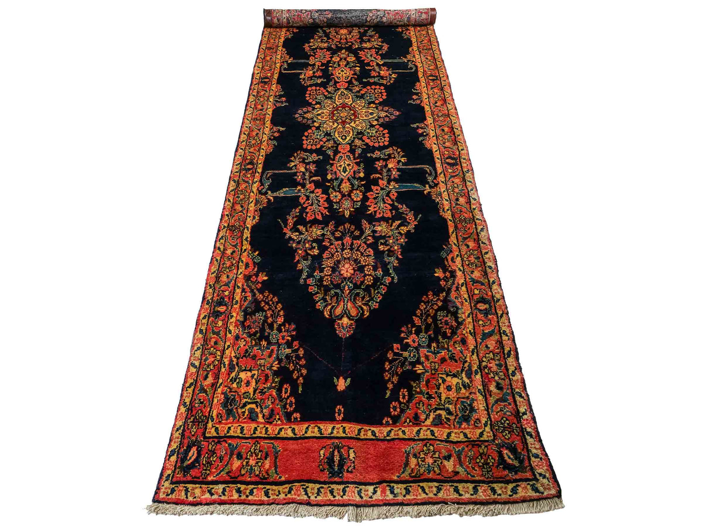 Feiner, handgeknüpfter, persischer Hamedan Dorfteppich aus Wolle von Khademi. Farbe: Blau. 369 x 108 cm. Vertrieb durch JUPITER Intl.