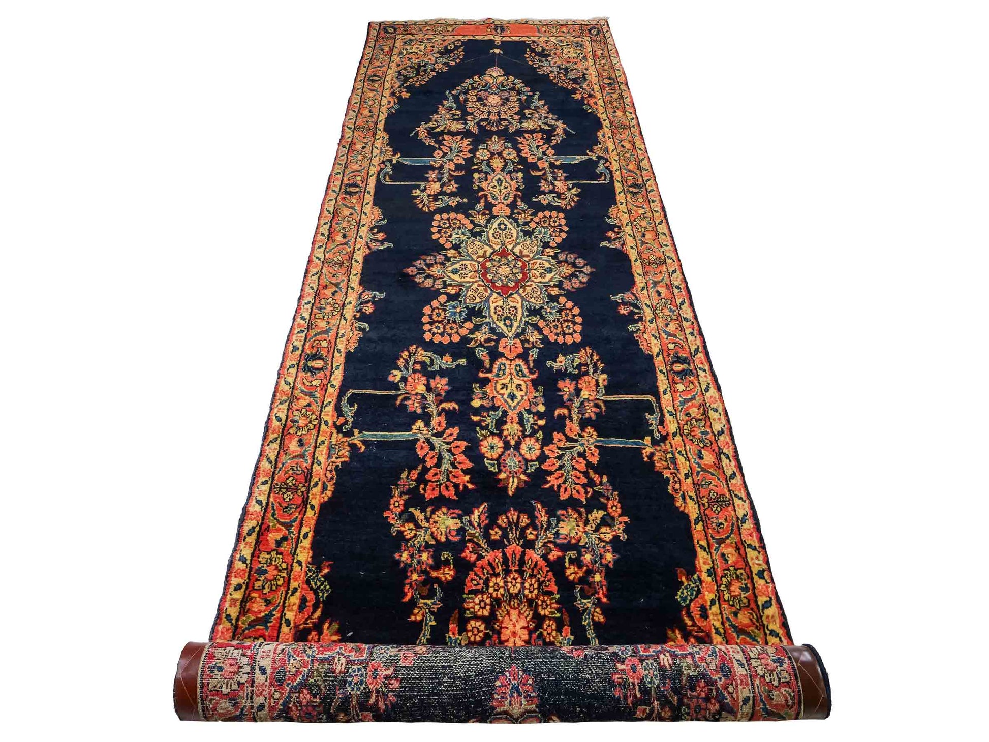 Feiner, handgeknüpfter, persischer Hamedan Dorfteppich aus Wolle von Khademi. Farbe: Blau. 369 x 108 cm. Vertrieb durch JUPITER Intl.