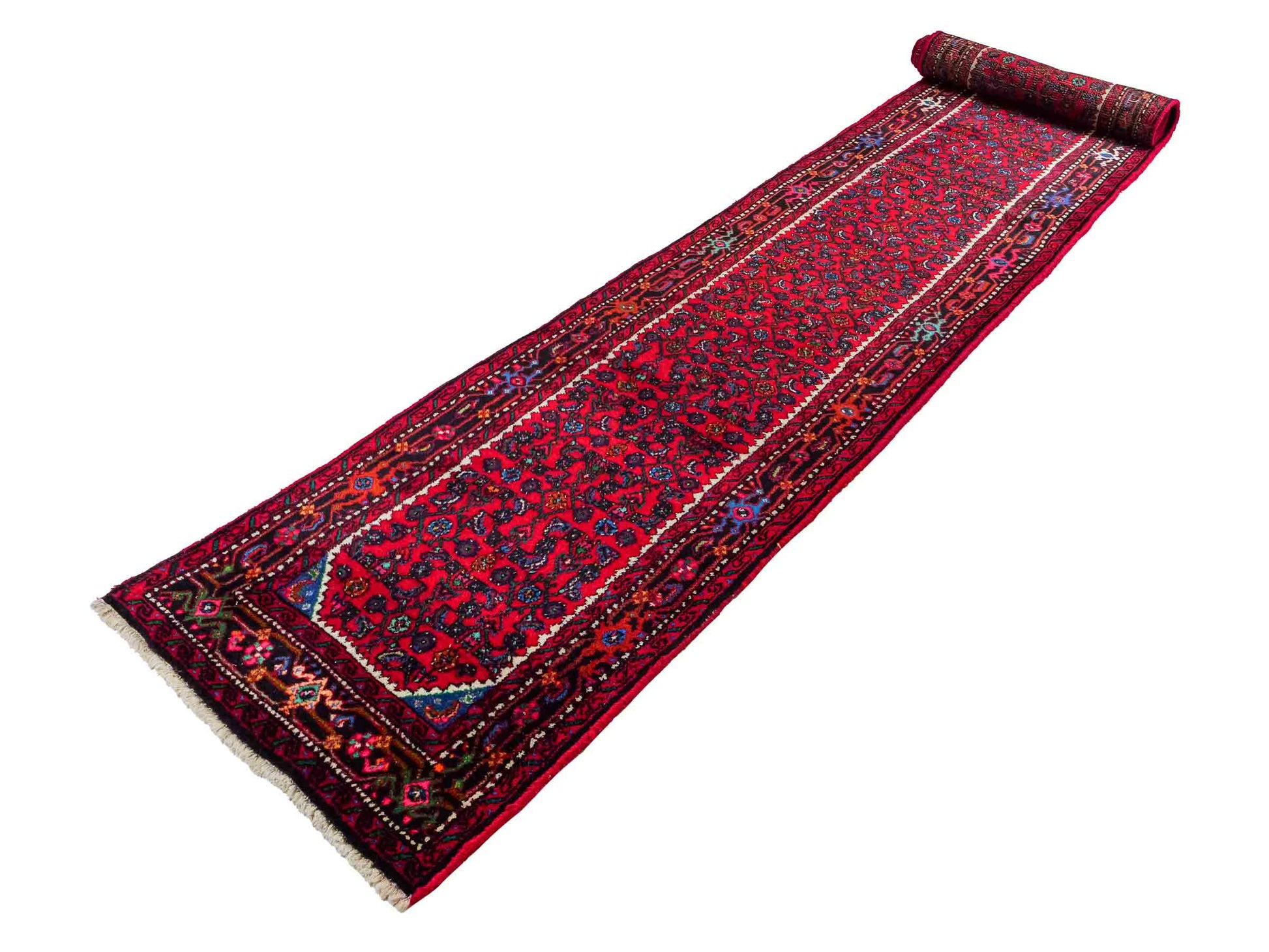 Feiner, handgeknüpfter, persischer Hamedan Dorfteppich aus Wolle von Khademi. Farbe: Rot. 490 x 82 cm. Vertrieb durch JUPITER Intl.