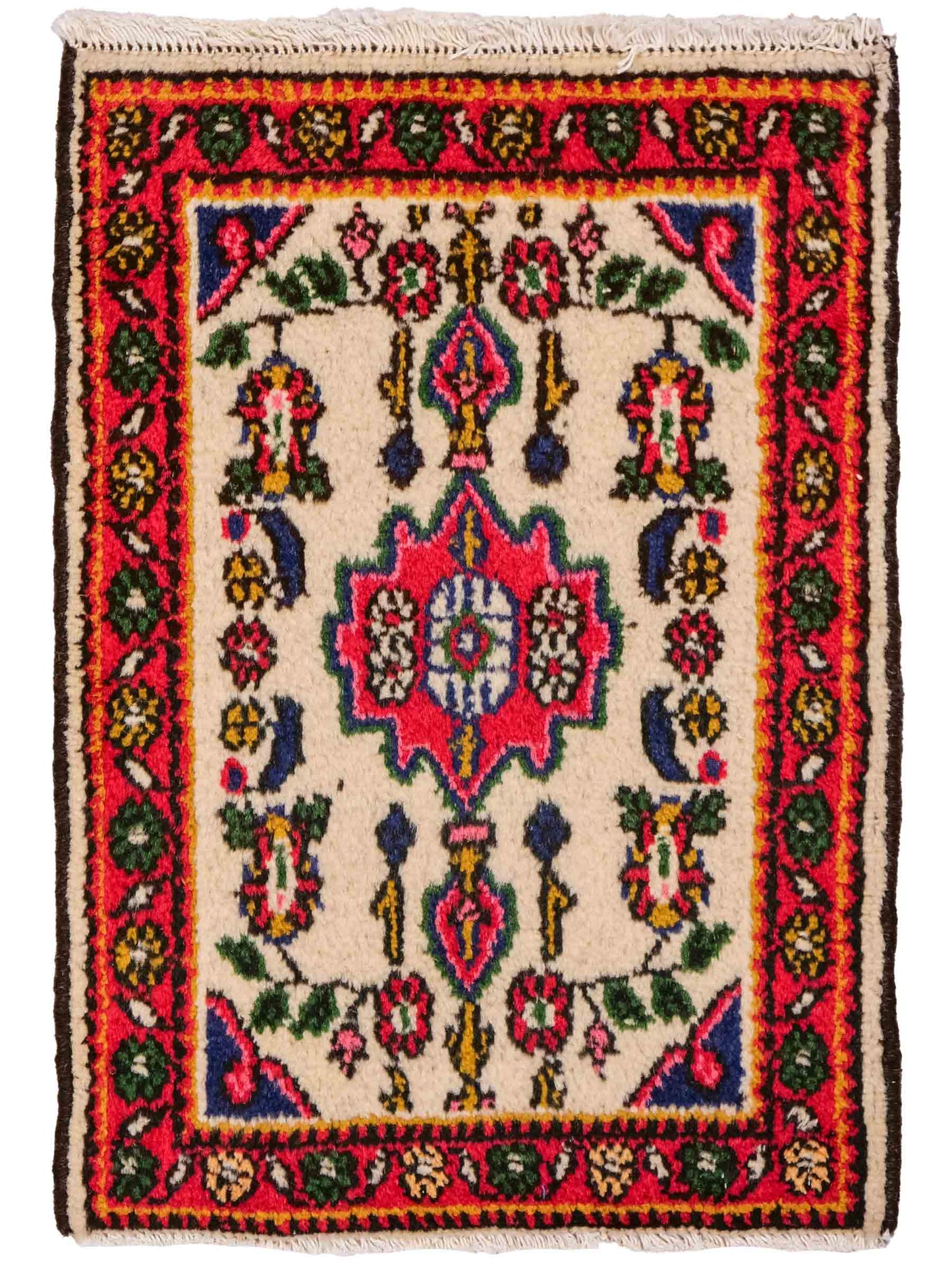 Handgeknüpfter, persischer Hamedan Dorfteppich aus Wolle von Khademi. Größe: 68 x 52 cm. Farbe: Cremeweiß, rot. Verkauf durch JUPITER Intl.