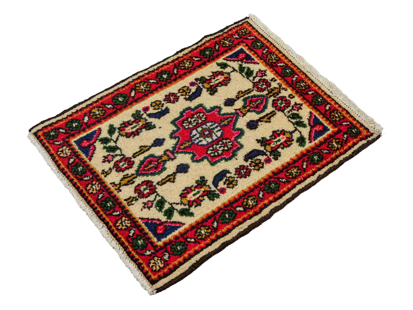 Handgeknüpfter, persischer Hamedan Dorfteppich aus Wolle von Khademi. Größe: 68 x 52 cm. Farbe: Cremeweiß, rot. Verkauf durch JUPITER Intl.