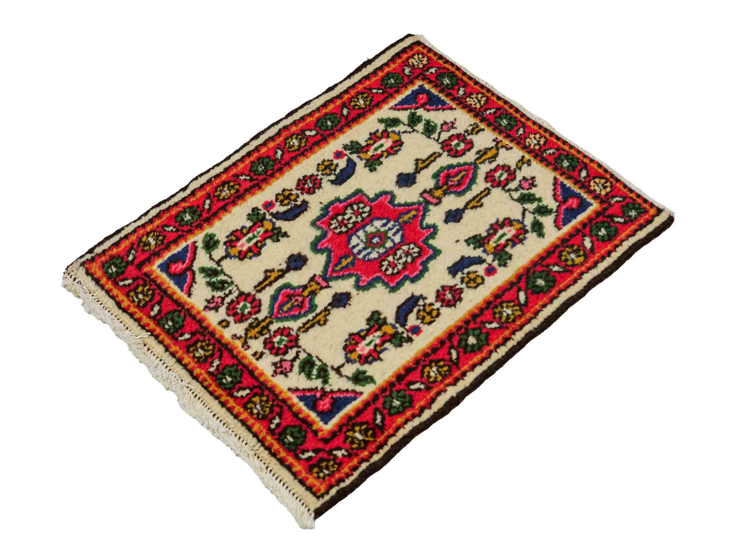 Handgeknüpfter, persischer Hamedan Dorfteppich aus Wolle von Khademi. Größe: 68 x 52 cm. Farbe: Cremeweiß, rot. Verkauf durch JUPITER Intl.
