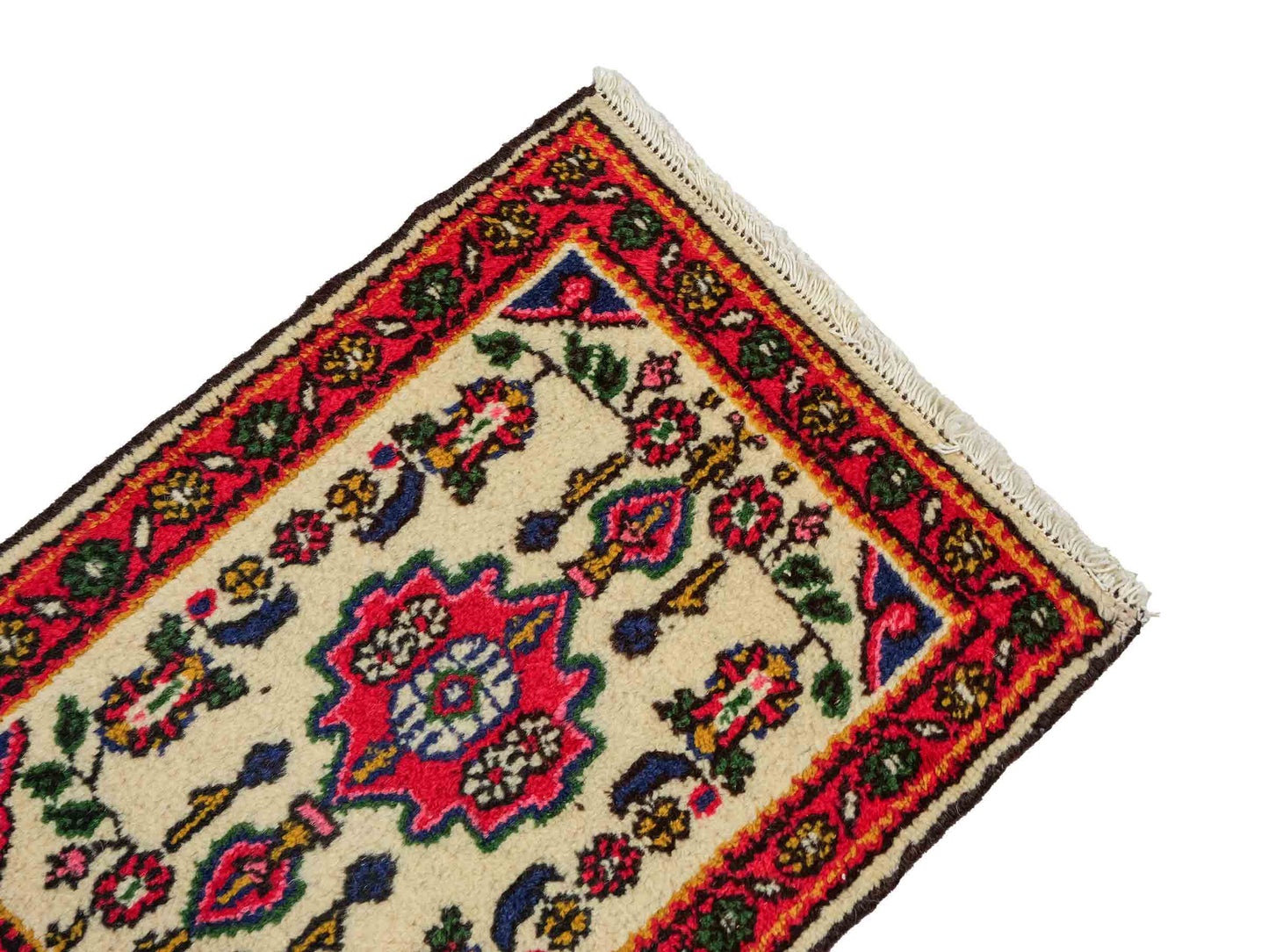 Handgeknüpfter, persischer Hamedan Dorfteppich aus Wolle von Khademi. Größe: 68 x 52 cm. Farbe: Cremeweiß, rot. Verkauf durch JUPITER Intl.