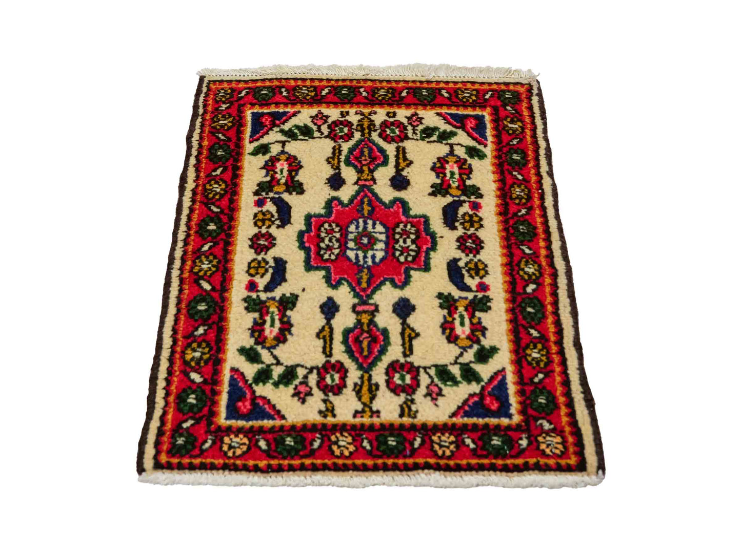 Handgeknüpfter, persischer Hamedan Dorfteppich aus Wolle von Khademi. Größe: 68 x 52 cm. Farbe: Cremeweiß, rot. Verkauf durch JUPITER Intl.