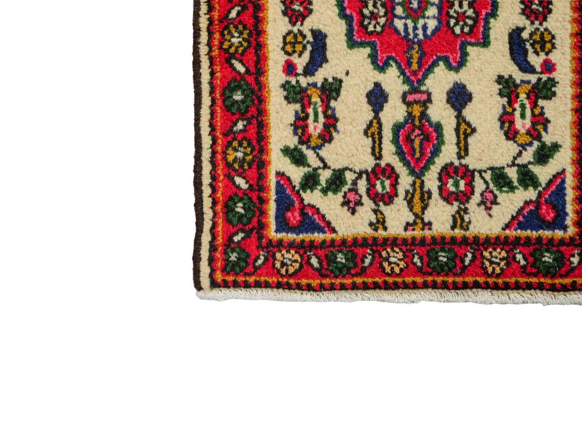 Handgeknüpfter, persischer Hamedan Dorfteppich aus Wolle von Khademi. Größe: 68 x 52 cm. Farbe: Cremeweiß, rot. Verkauf durch JUPITER Intl.