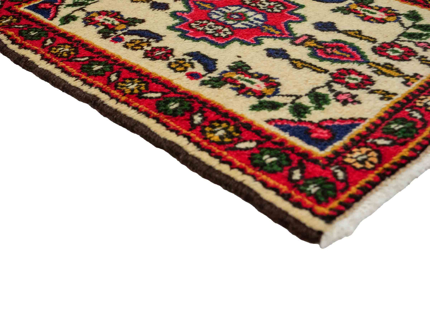 Handgeknüpfter, persischer Hamedan Dorfteppich aus Wolle von Khademi. Größe: 68 x 52 cm. Farbe: Cremeweiß, rot. Verkauf durch JUPITER Intl.