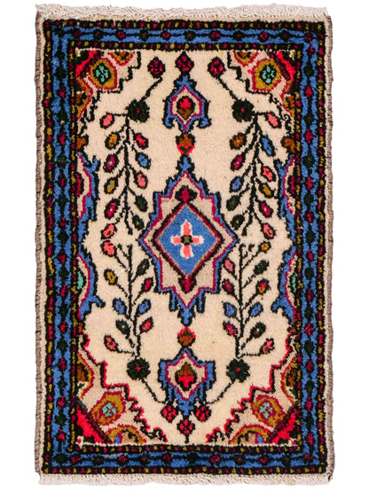 Handgeknüpfter, persischer Hamedan Dorfteppich aus Wolle von Khademi. Größe: 70 x 47 cm. Farbe: Cremeweiß, blau. Verkauf durch JUPITER Intl.