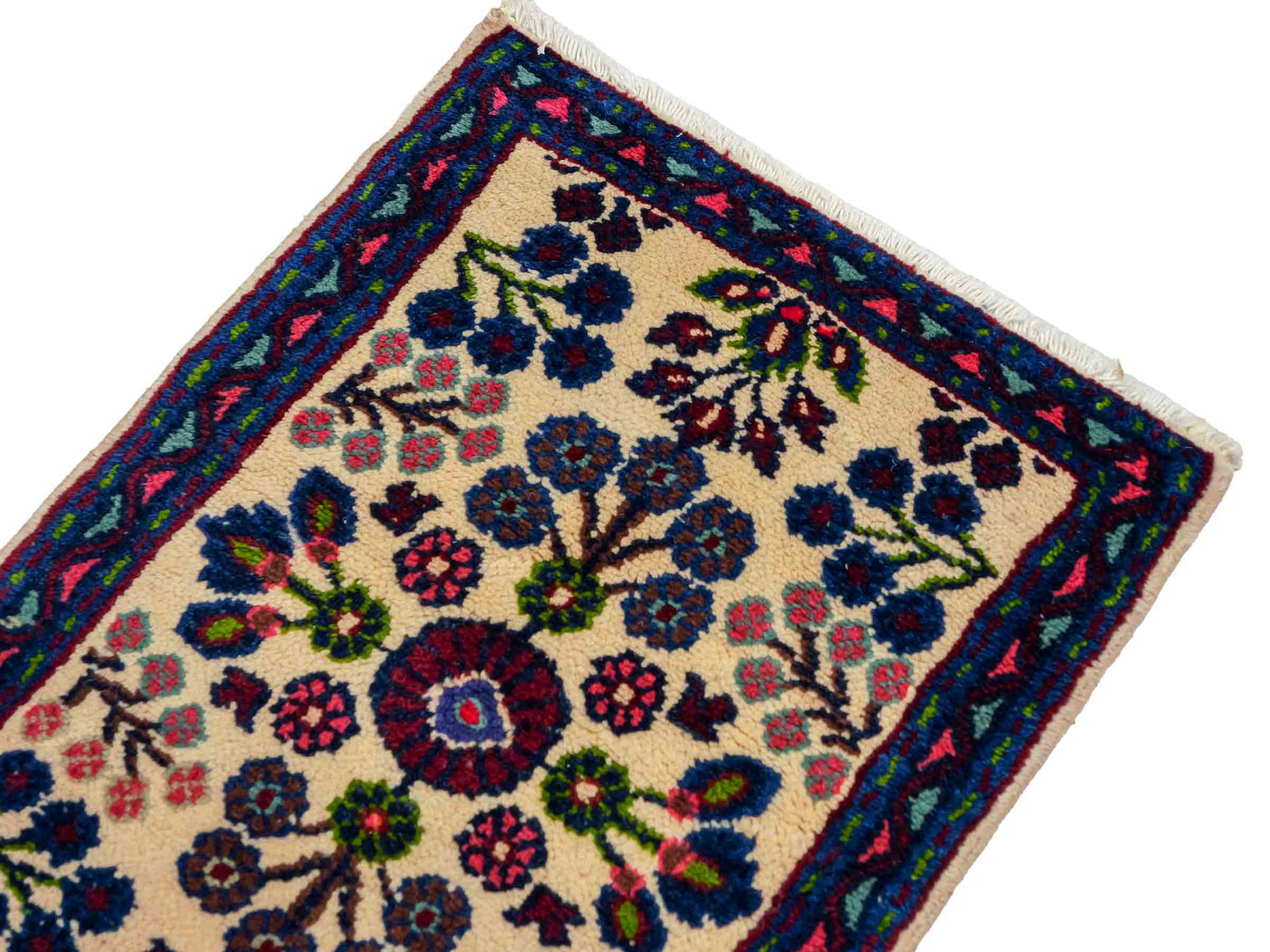 Handgeknüpfter, persischer Hamedan Dorfteppich aus Wolle von Khademi. Größe: 72 x 52 cm. Farbe: Cremeweiß, blau. Verkauf durch JUPITER Intl.