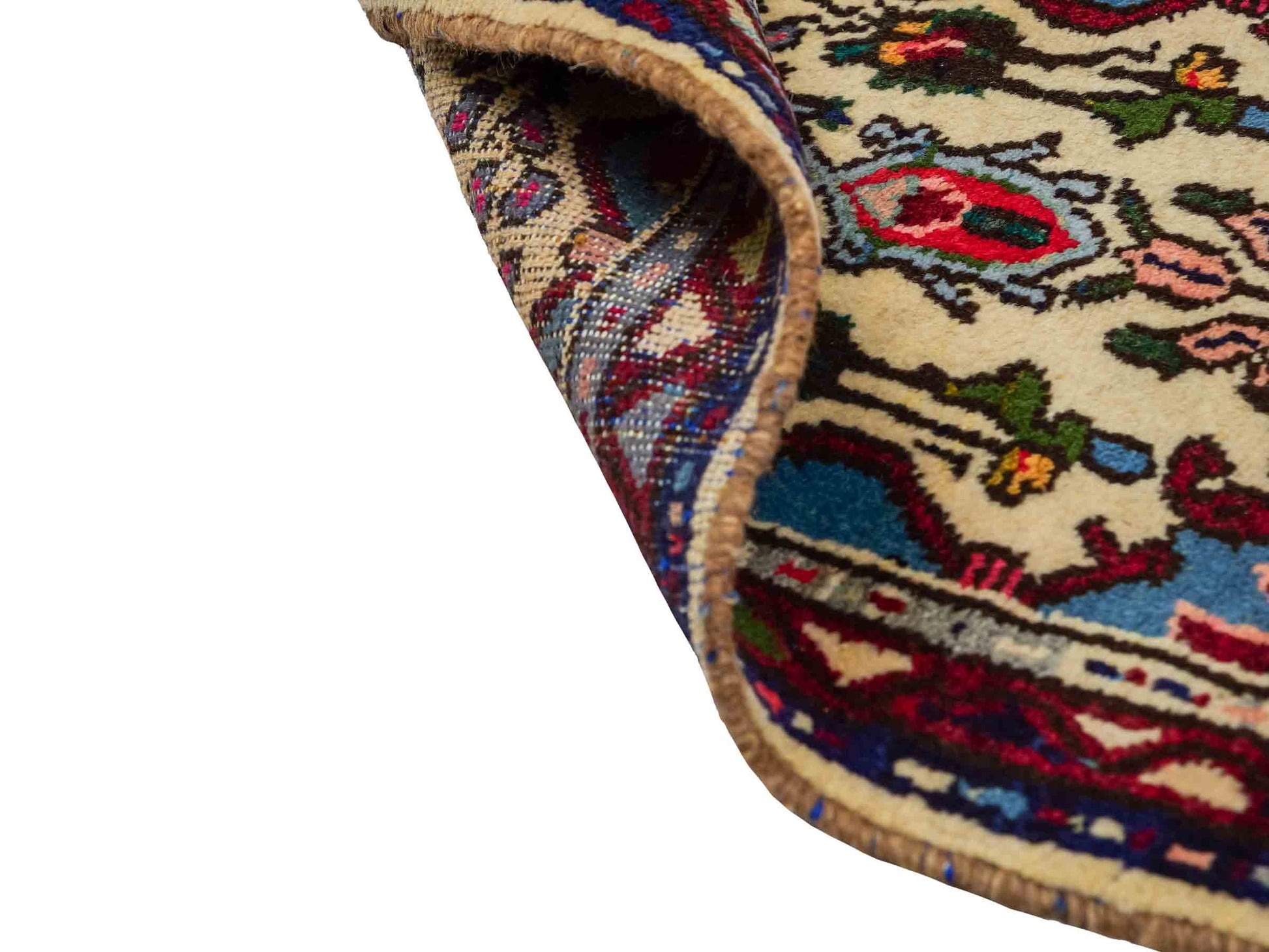 Handgeknüpfter, persischer Hamedan Dorfteppich aus Wolle von Khademi. Größe: 73 x 53 cm. Farbe: Cremeweiß, blau, rot. Verkauf durch JUPITER Intl.