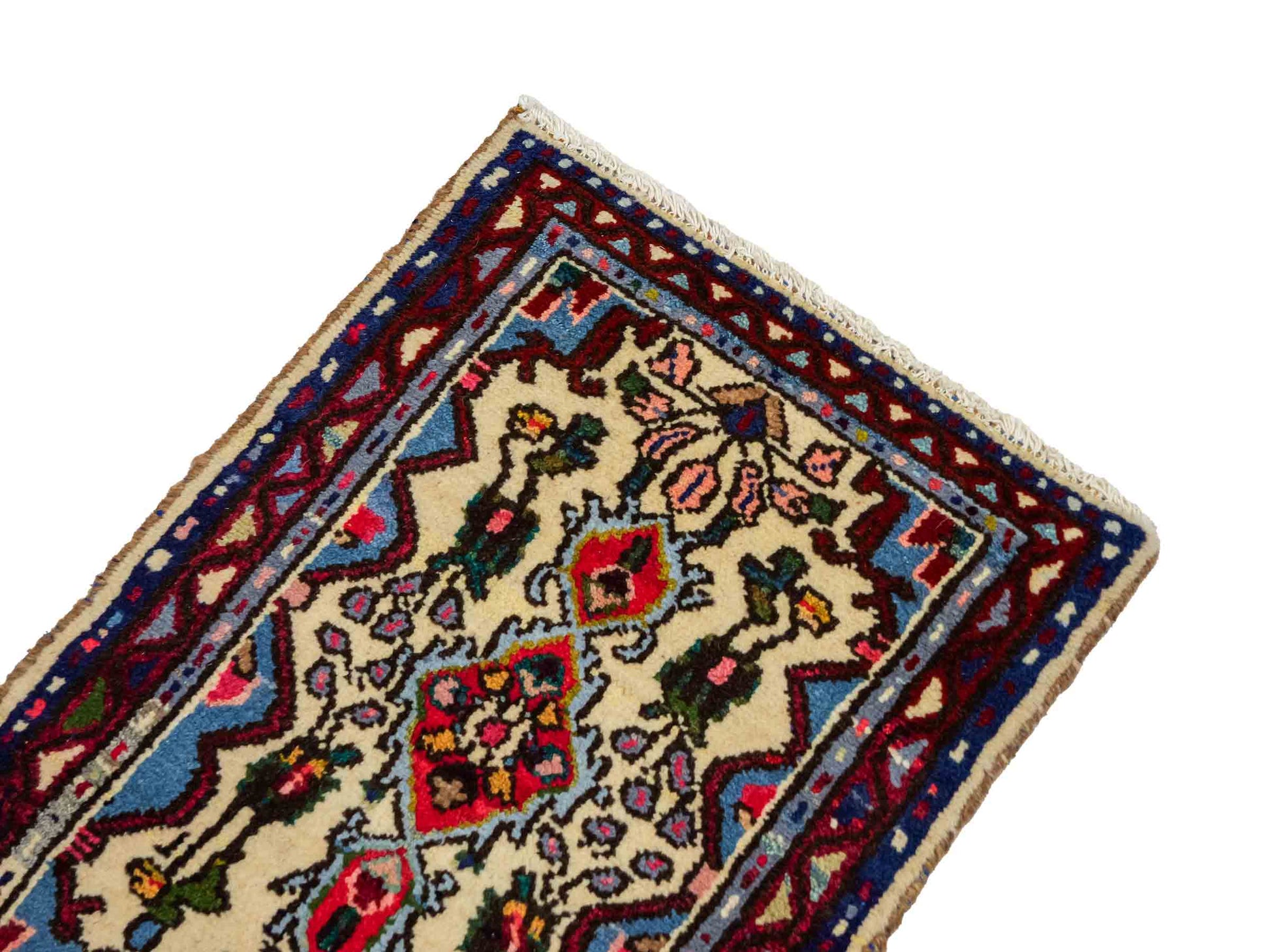 Handgeknüpfter, persischer Hamedan Dorfteppich aus Wolle von Khademi. Größe: 73 x 53 cm. Farbe: Cremeweiß, blau, rot. Verkauf durch JUPITER Intl.