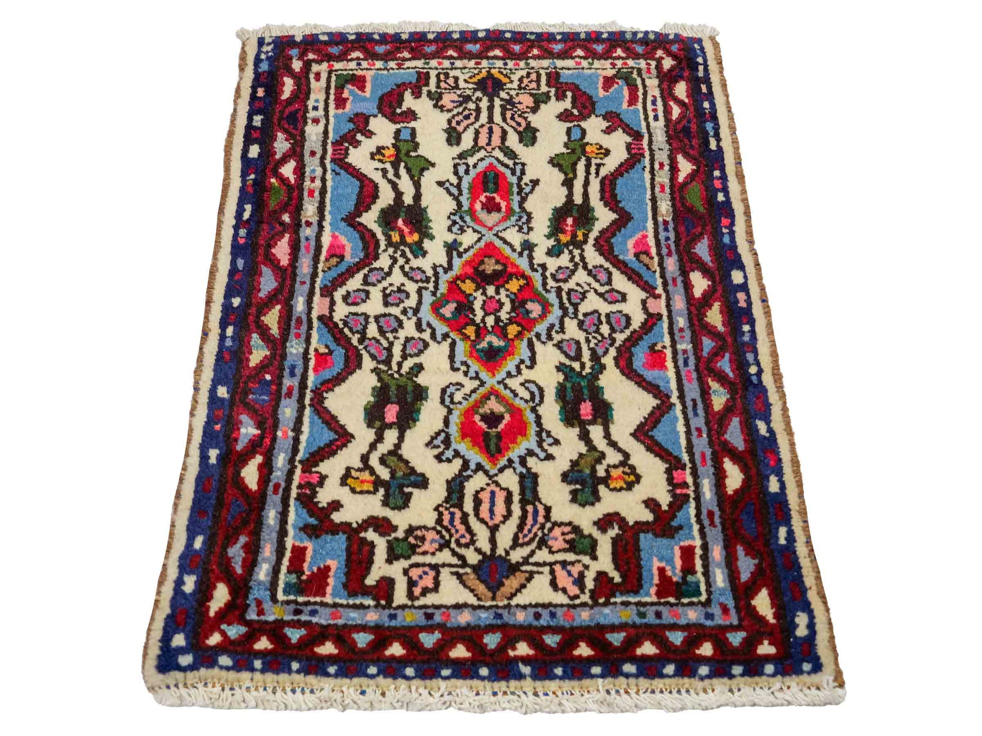 Handgeknüpfter, persischer Hamedan Dorfteppich aus Wolle von Khademi. Größe: 73 x 53 cm. Farbe: Cremeweiß, blau, rot. Verkauf durch JUPITER Intl.