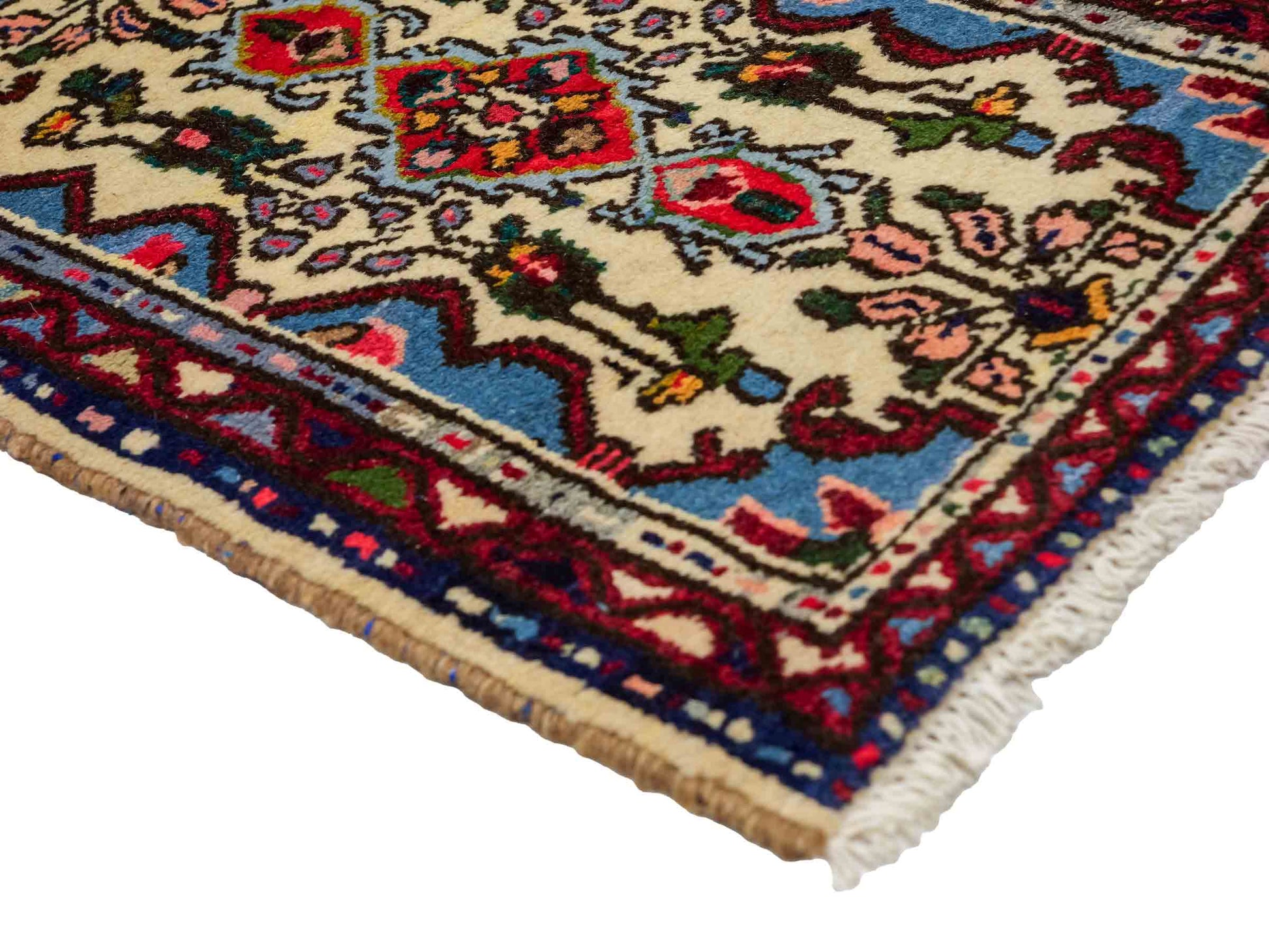 Handgeknüpfter, persischer Hamedan Dorfteppich aus Wolle von Khademi. Größe: 73 x 53 cm. Farbe: Cremeweiß, blau, rot. Verkauf durch JUPITER Intl.