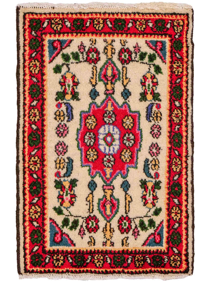 Handgeknüpfter, persischer Hamedan Dorfteppich aus Wolle von Khademi. Größe: 75 x 53 cm. Farbe: Cremeweiß, rot. Verkauf durch JUPITER Intl.
