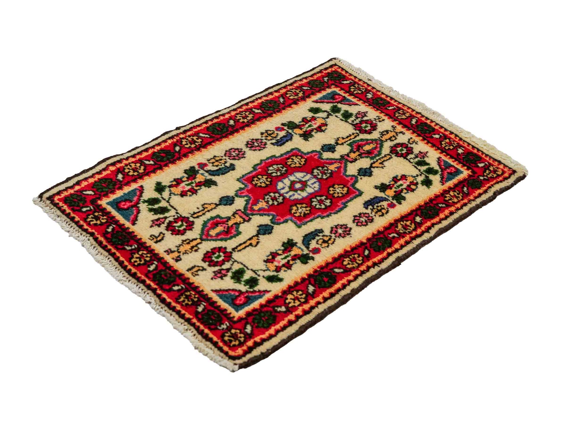 Handgeknüpfter, persischer Hamedan Dorfteppich aus Wolle von Khademi. Größe: 75 x 53 cm. Farbe: Cremeweiß, rot. Verkauf durch JUPITER Intl.