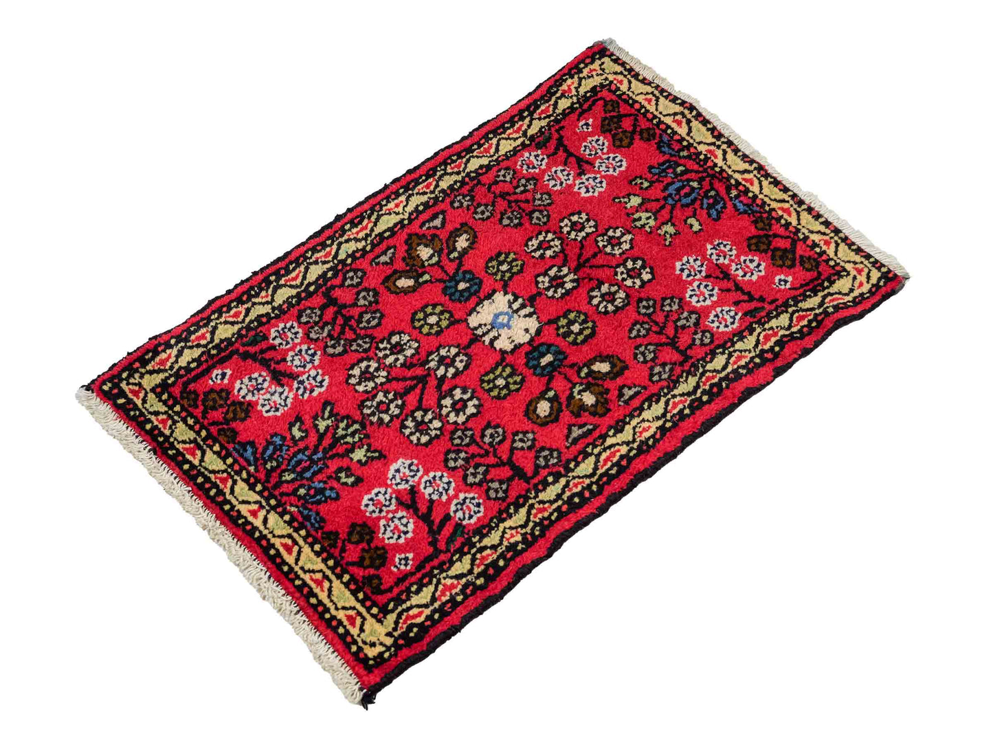 Handgeknüpfter, persischer Hamedan Dorfteppich aus Wolle von Khademi. Größe: 78 x 48 cm. Farbe: Rot. Verkauf durch JUPITER Intl.