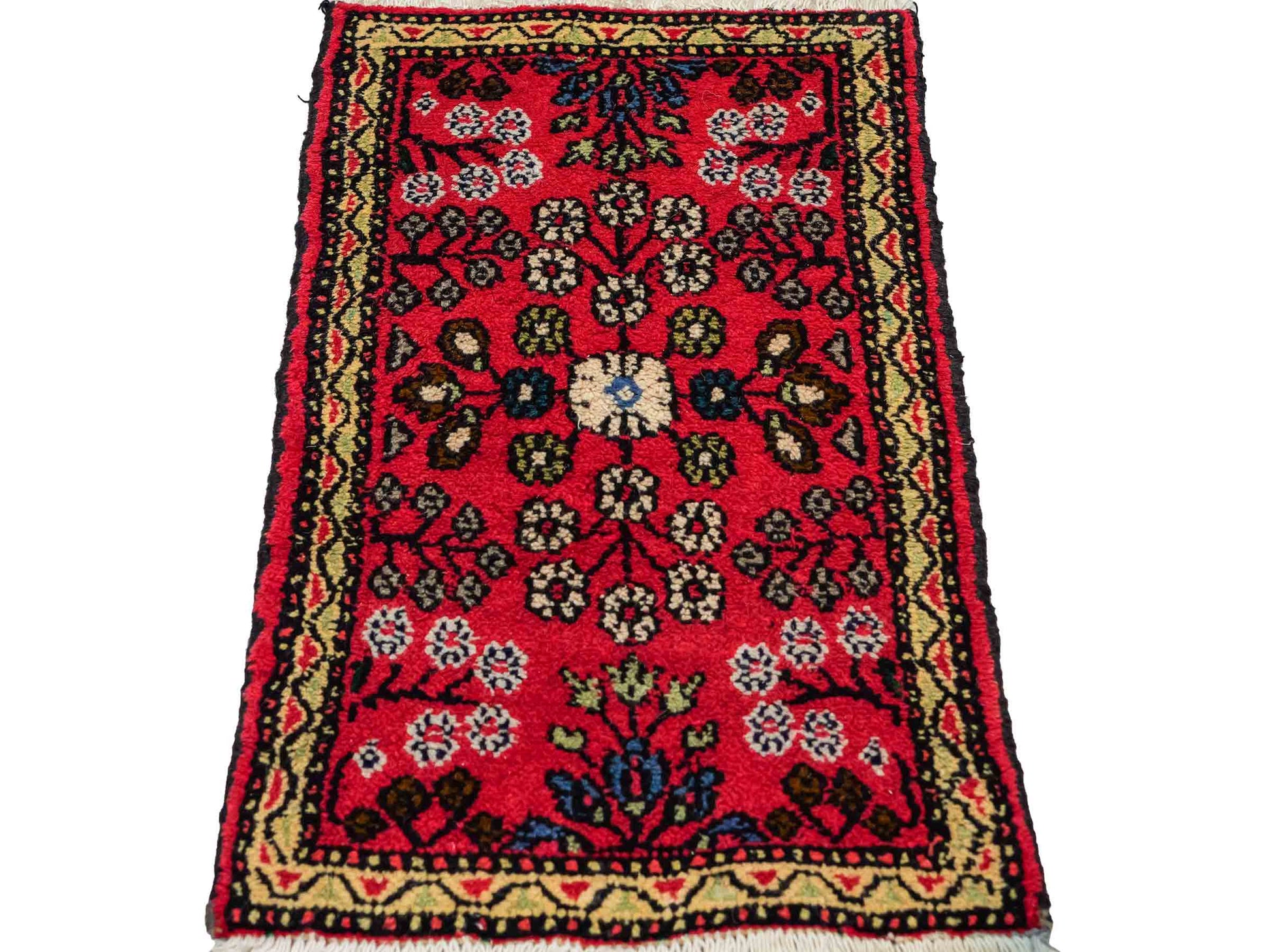 Handgeknüpfter, persischer Hamedan Dorfteppich aus Wolle von Khademi. Größe: 78 x 48 cm. Farbe: Rot. Verkauf durch JUPITER Intl.
