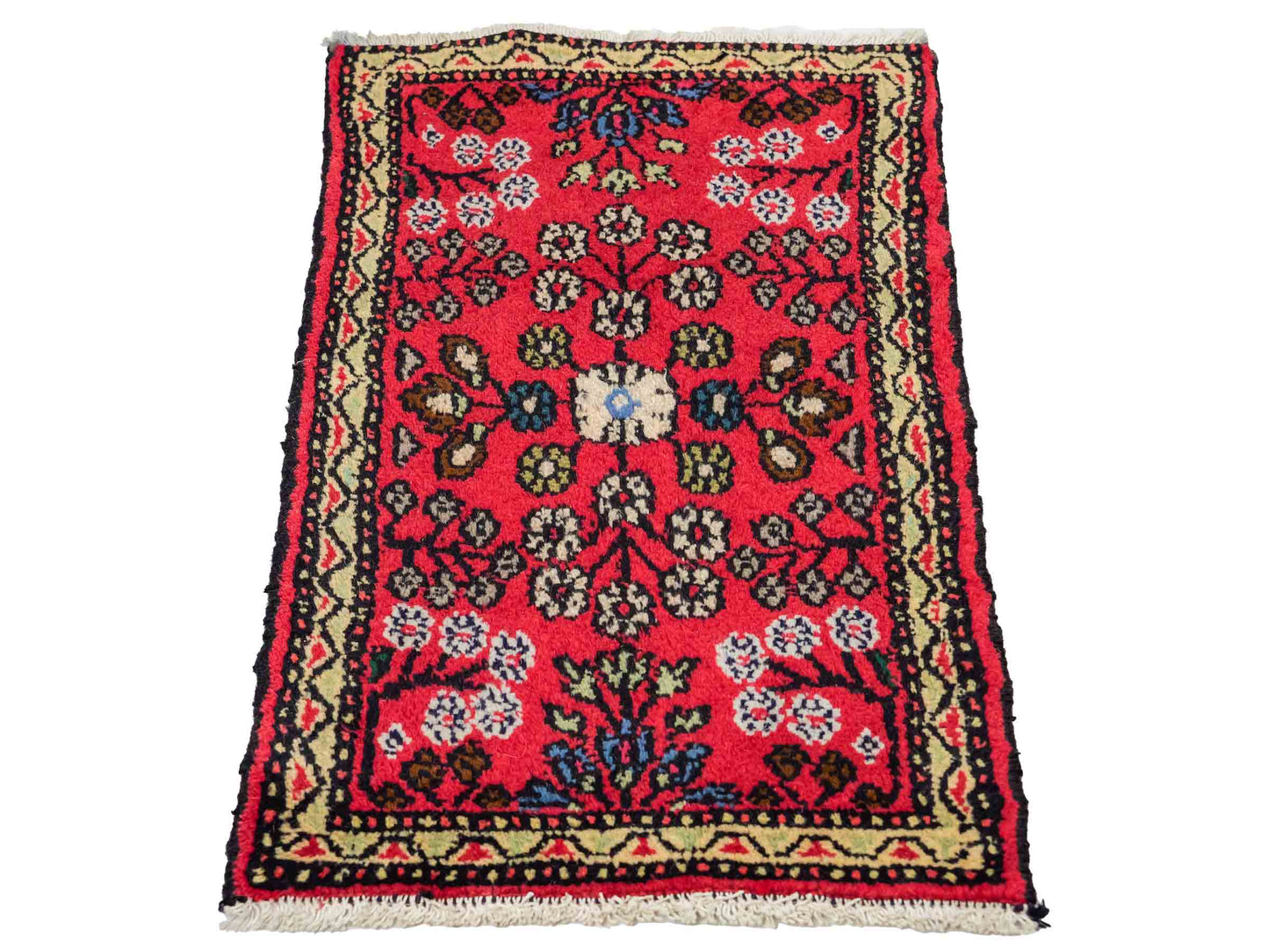 Handgeknüpfter, persischer Hamedan Dorfteppich aus Wolle von Khademi. Größe: 78 x 48 cm. Farbe: Rot. Verkauf durch JUPITER Intl.