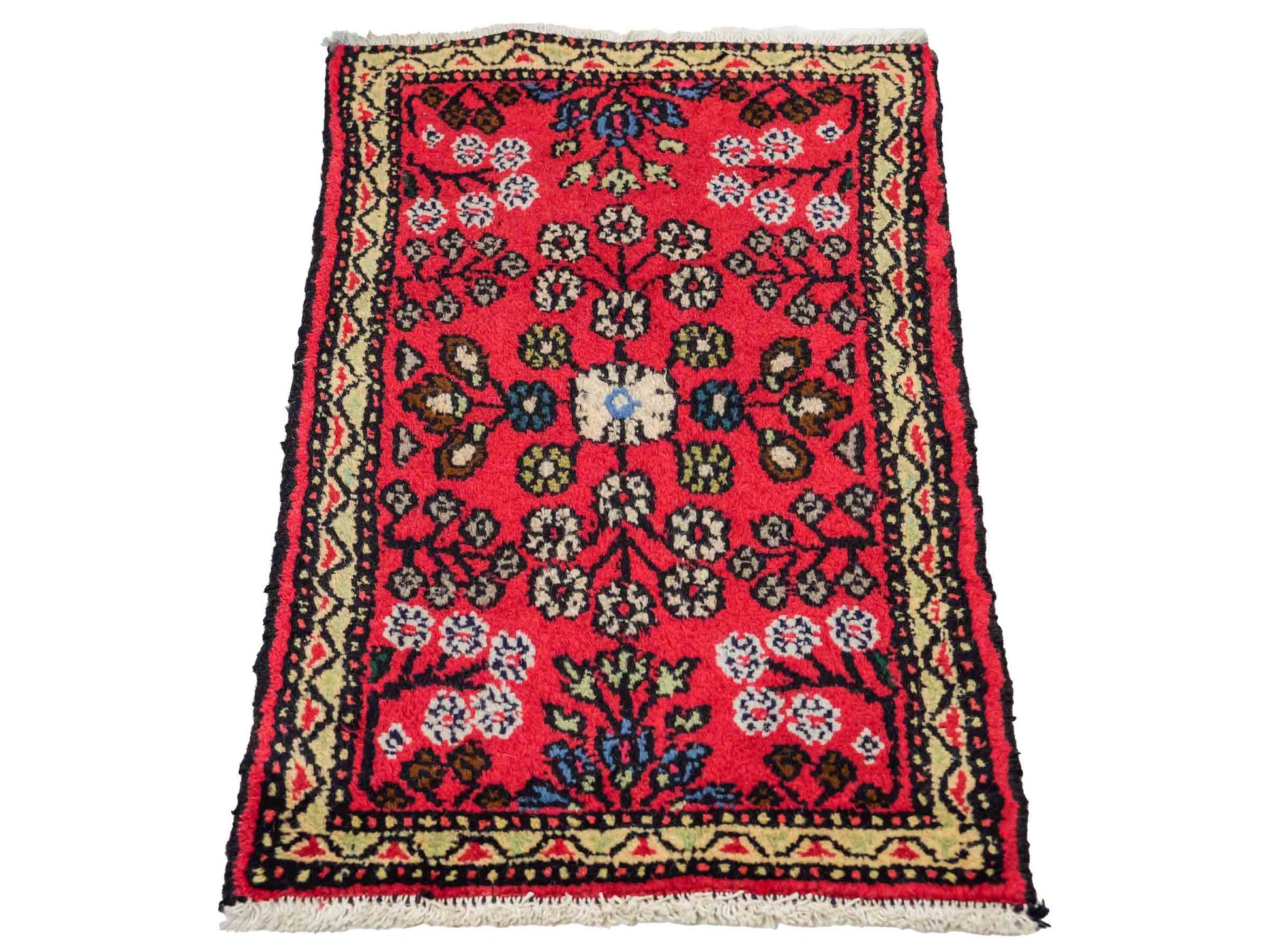 Handgeknüpfter, persischer Hamedan Dorfteppich aus Wolle von Khademi. Größe: 78 x 48 cm. Farbe: Rot. Verkauf durch JUPITER Intl.